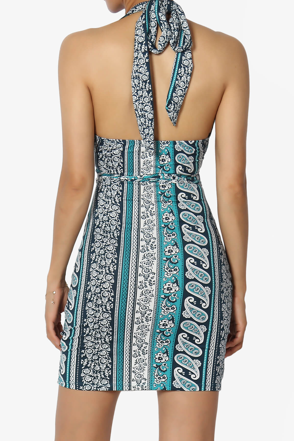 Fortunate Printed Halter Cut Out Bodycon Mini Dress TEAL_2