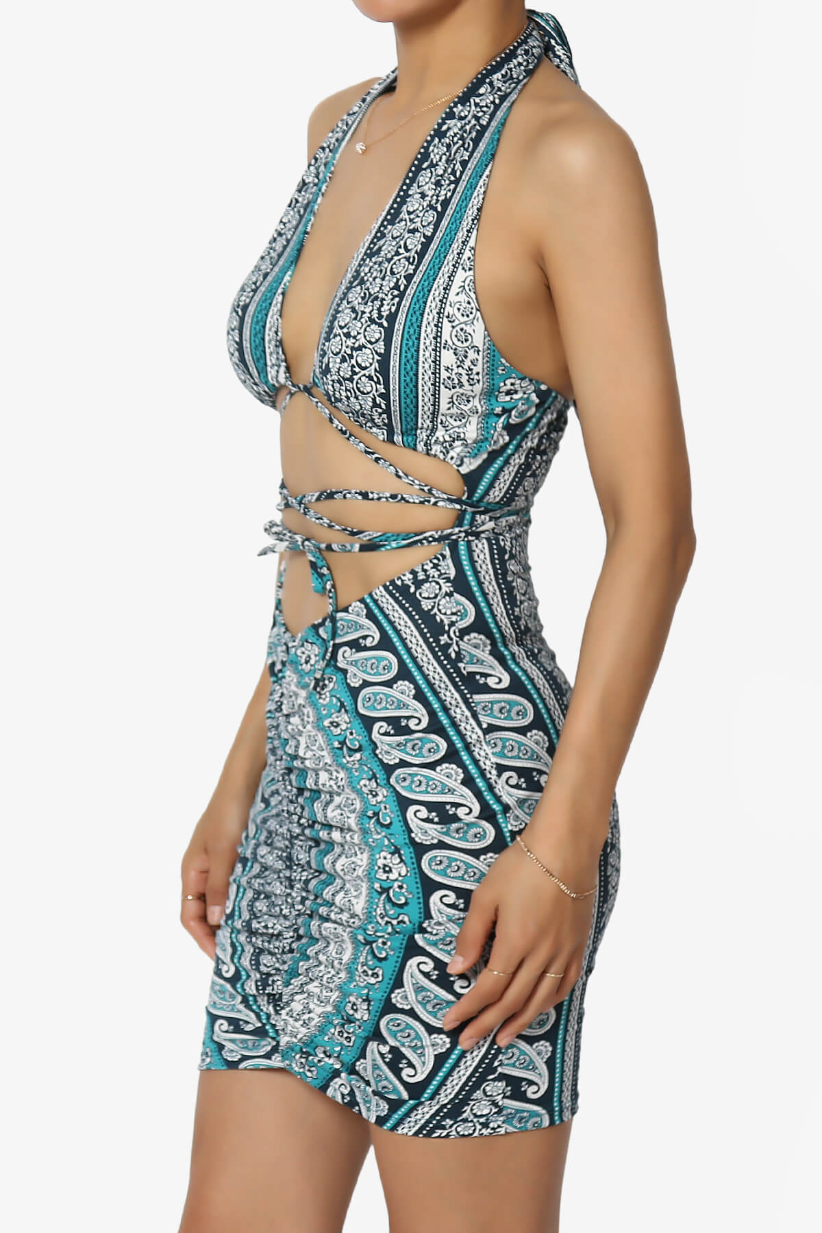 Fortunate Printed Halter Cut Out Bodycon Mini Dress TEAL_3