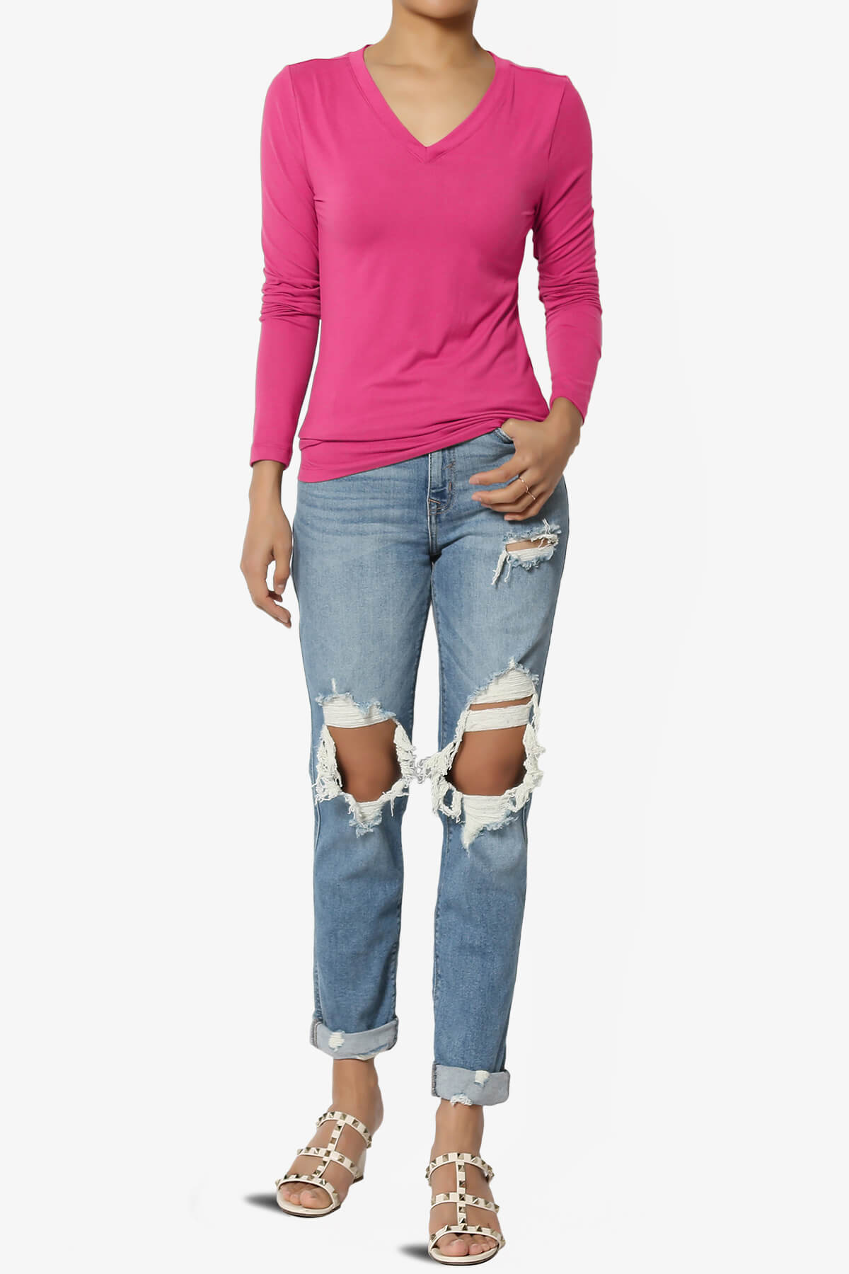 Gaia Microfiber V-Neck Long Sleeve T-Shirt HOT PINK_6