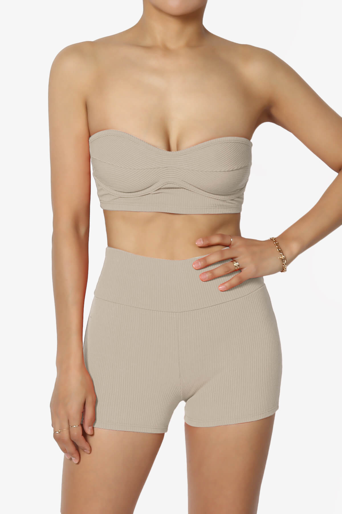 Glimmer Bandeau Top & Biker Shorts SET TAUPE_1