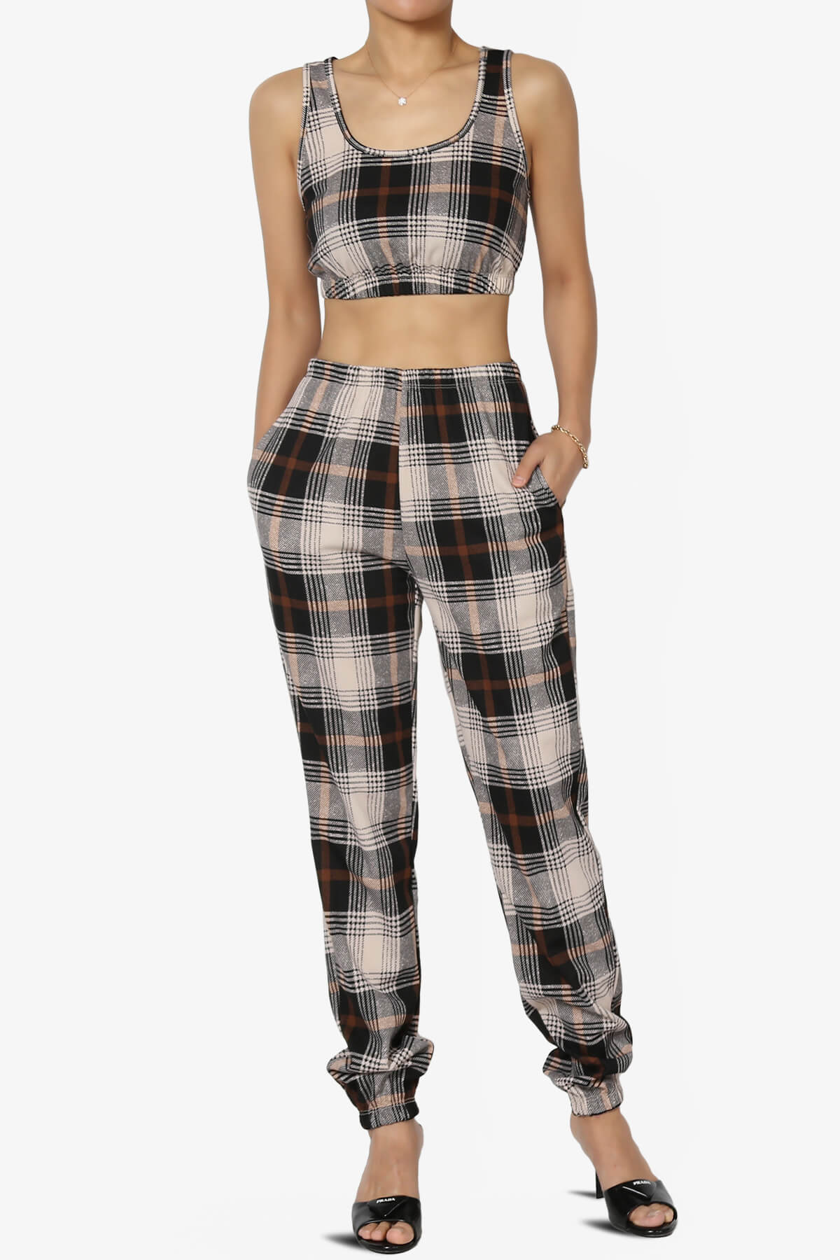 Imelda Plaid Tank Top & Carrot Pants SET BROWN_1