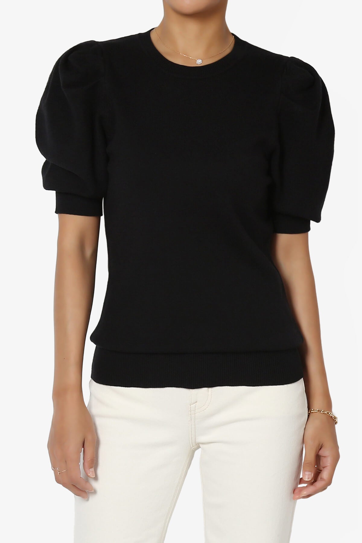 Isabella Puff Short Sleeve Knit Sweater BLACK_1