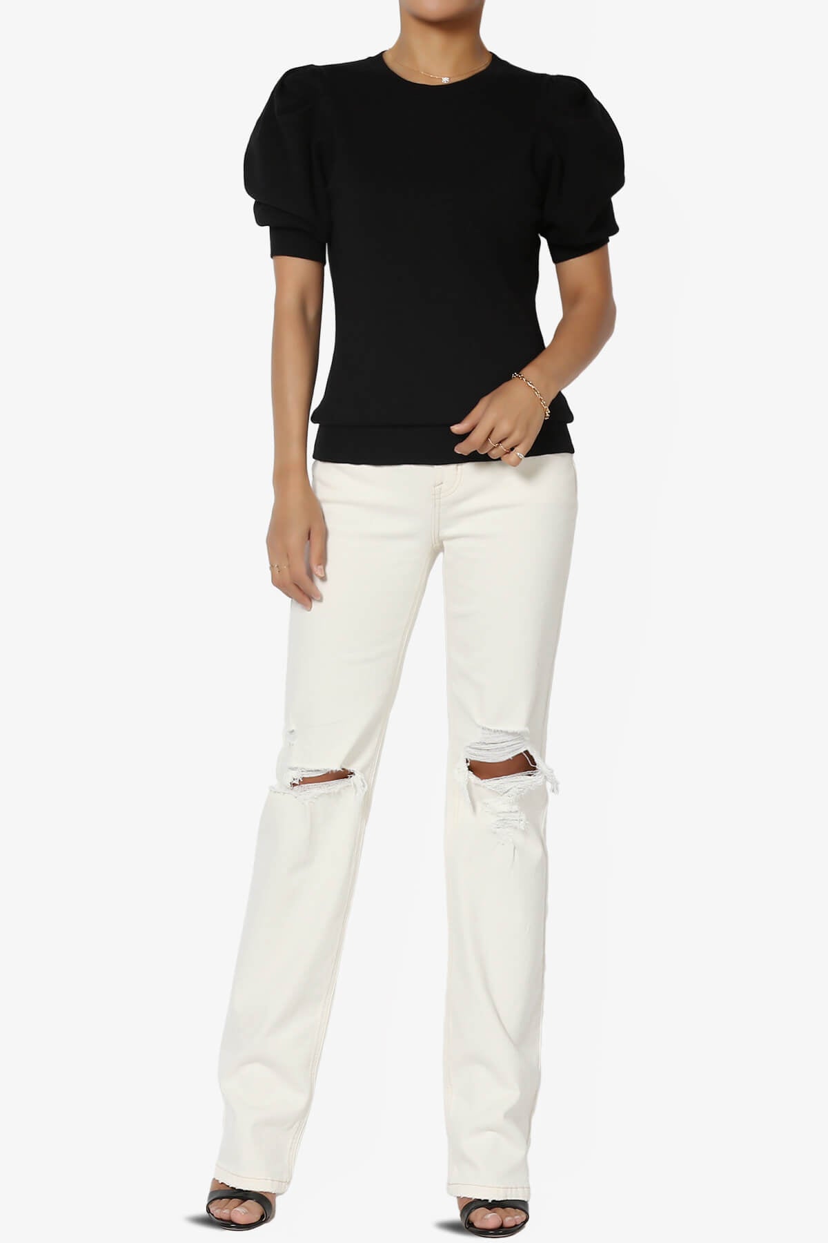 Isabella Puff Short Sleeve Knit Sweater BLACK_6