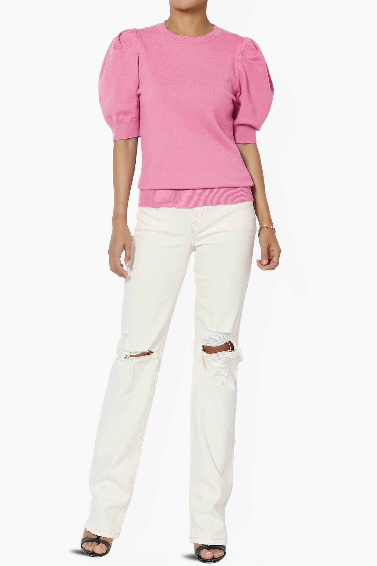 Isabella Puff Short Sleeve Knit Sweater CANDY PINK_6