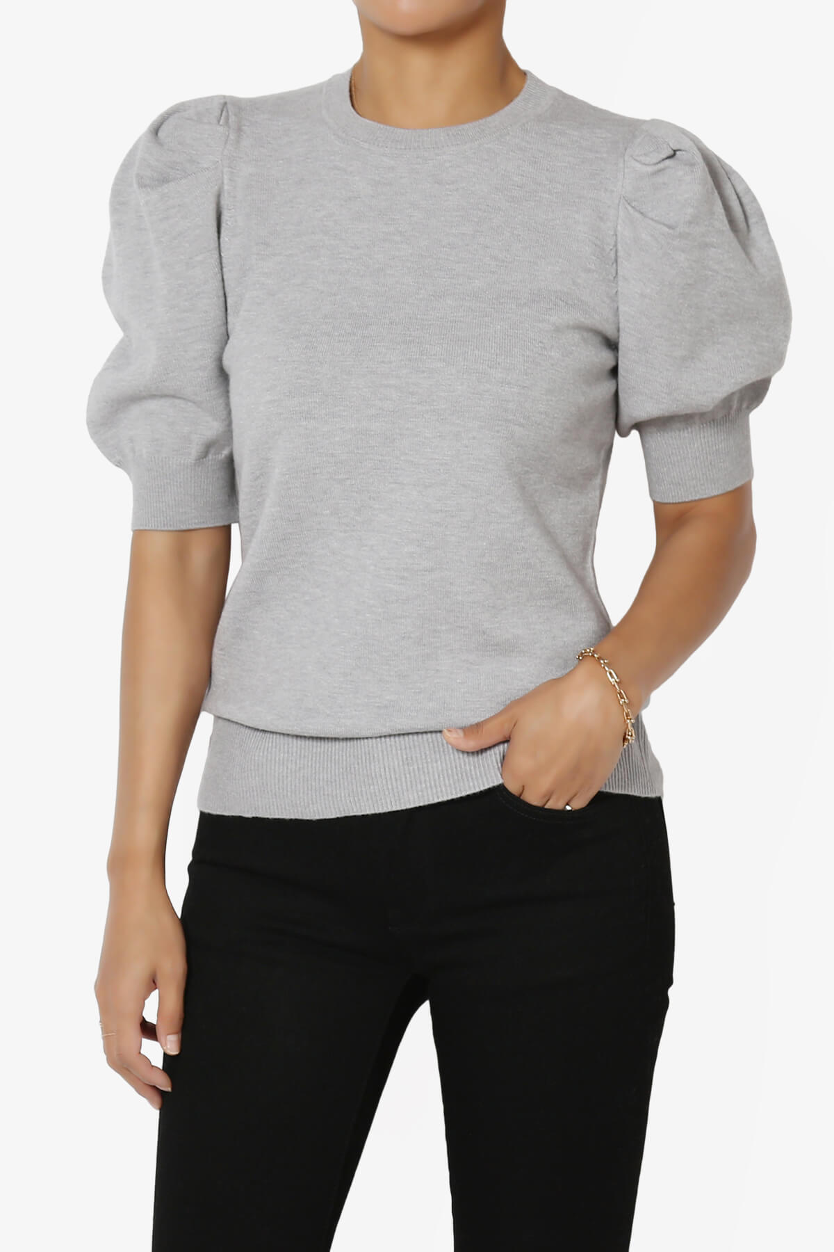 Isabella Puff Short Sleeve Knit Sweater HEATHER GREY_1