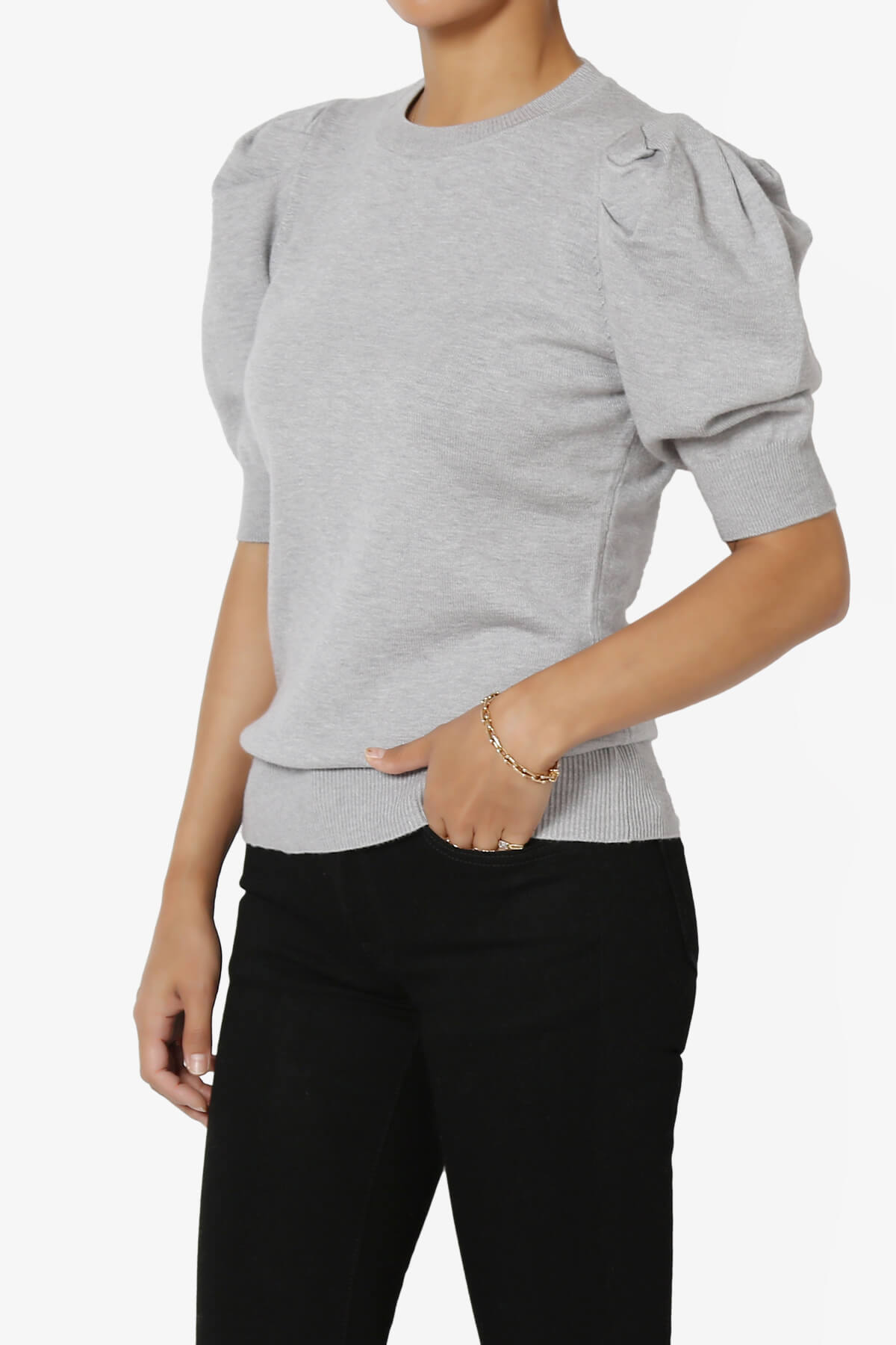 Isabella Puff Short Sleeve Knit Sweater HEATHER GREY_3