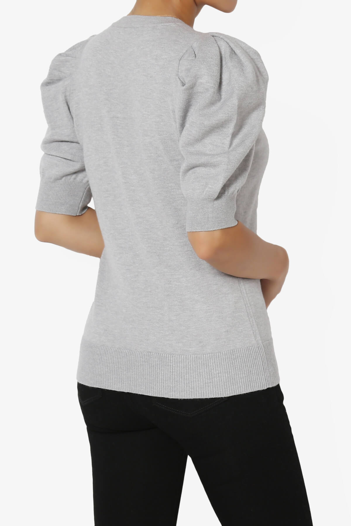 Isabella Puff Short Sleeve Knit Sweater HEATHER GREY_4