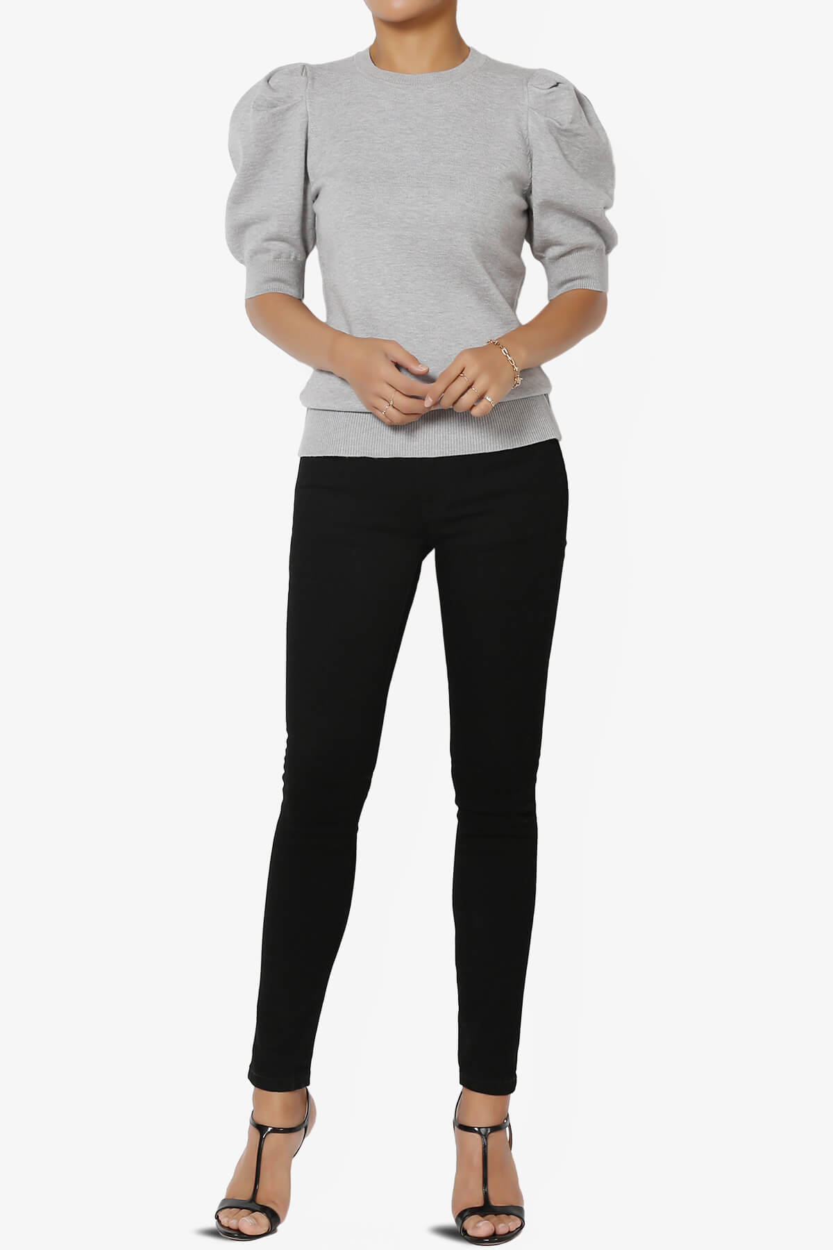 Isabella Puff Short Sleeve Knit Sweater HEATHER GREY_6