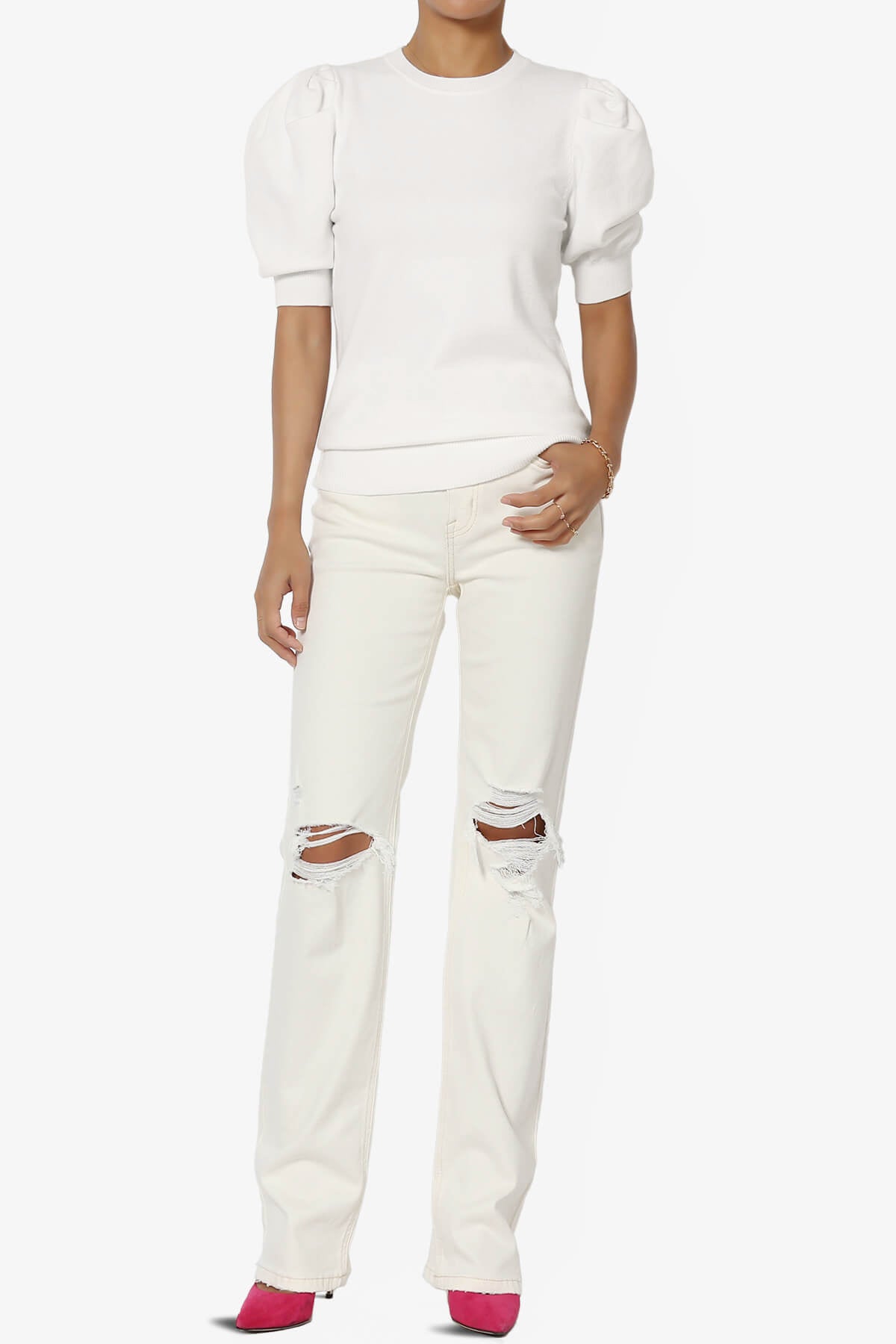 Isabella Puff Short Sleeve Knit Sweater IVORY_6