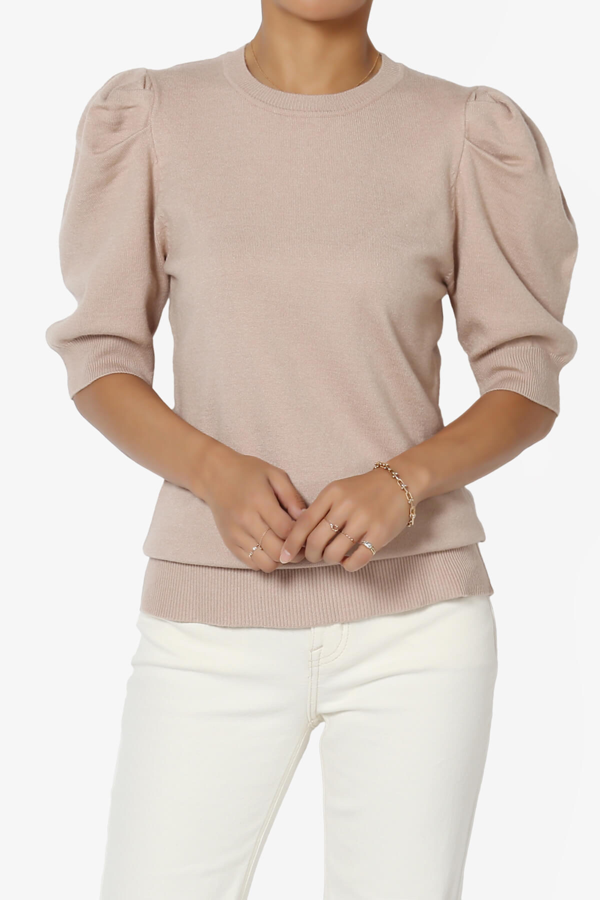 Isabella Puff Short Sleeve Knit Sweater LIGHT MOCHA_1