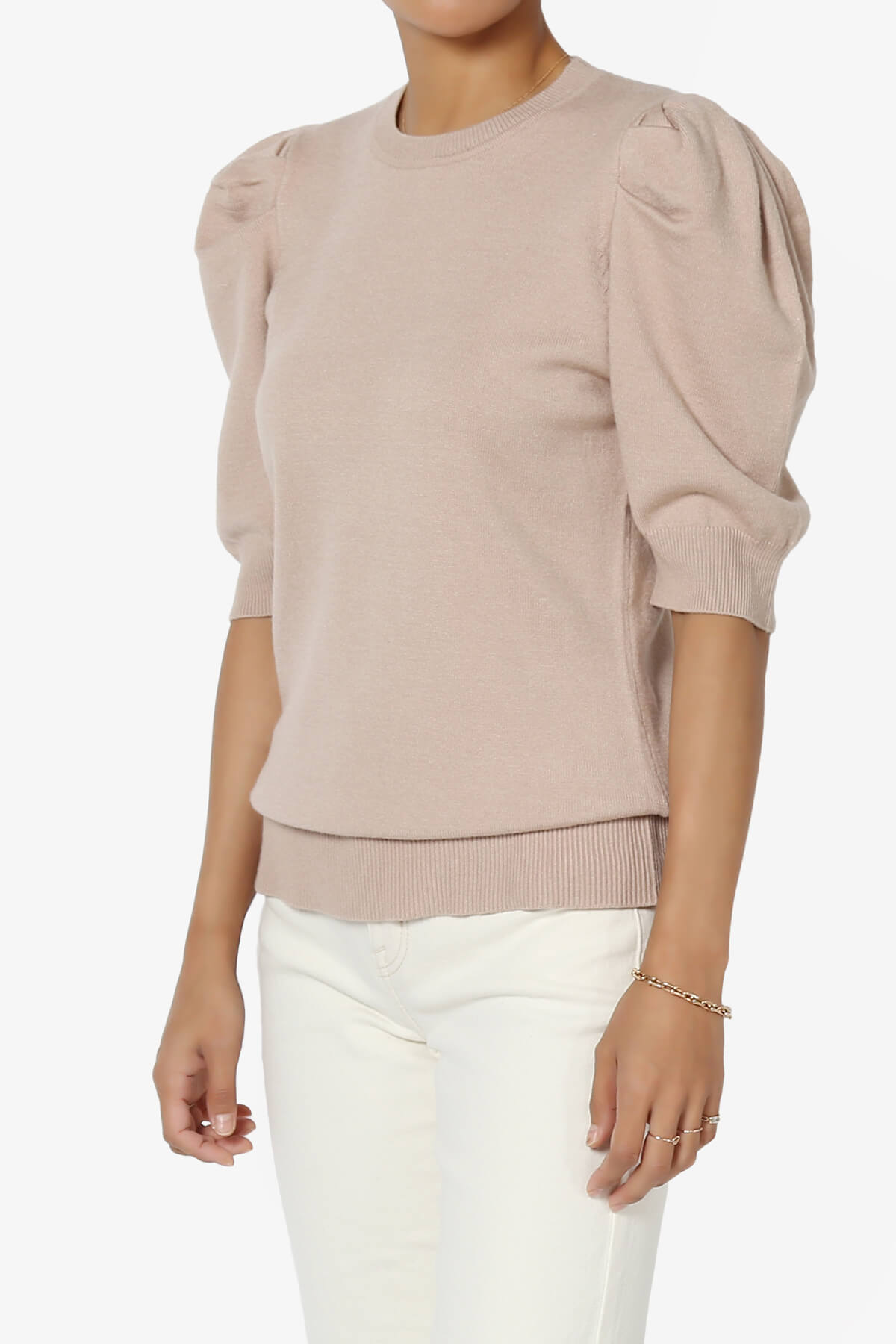 Isabella Puff Short Sleeve Knit Sweater LIGHT MOCHA_3