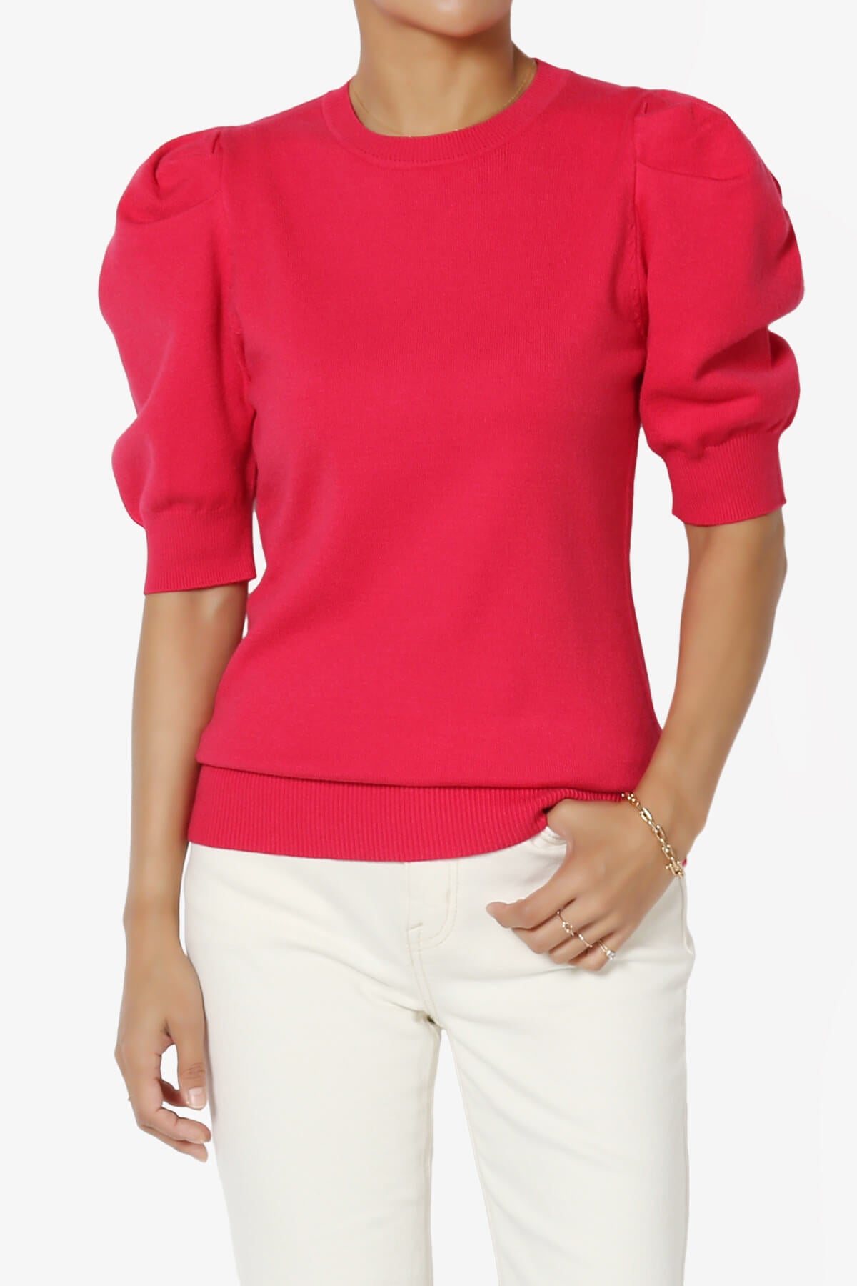 Isabella Puff Short Sleeve Knit Sweater MAGENTA_1