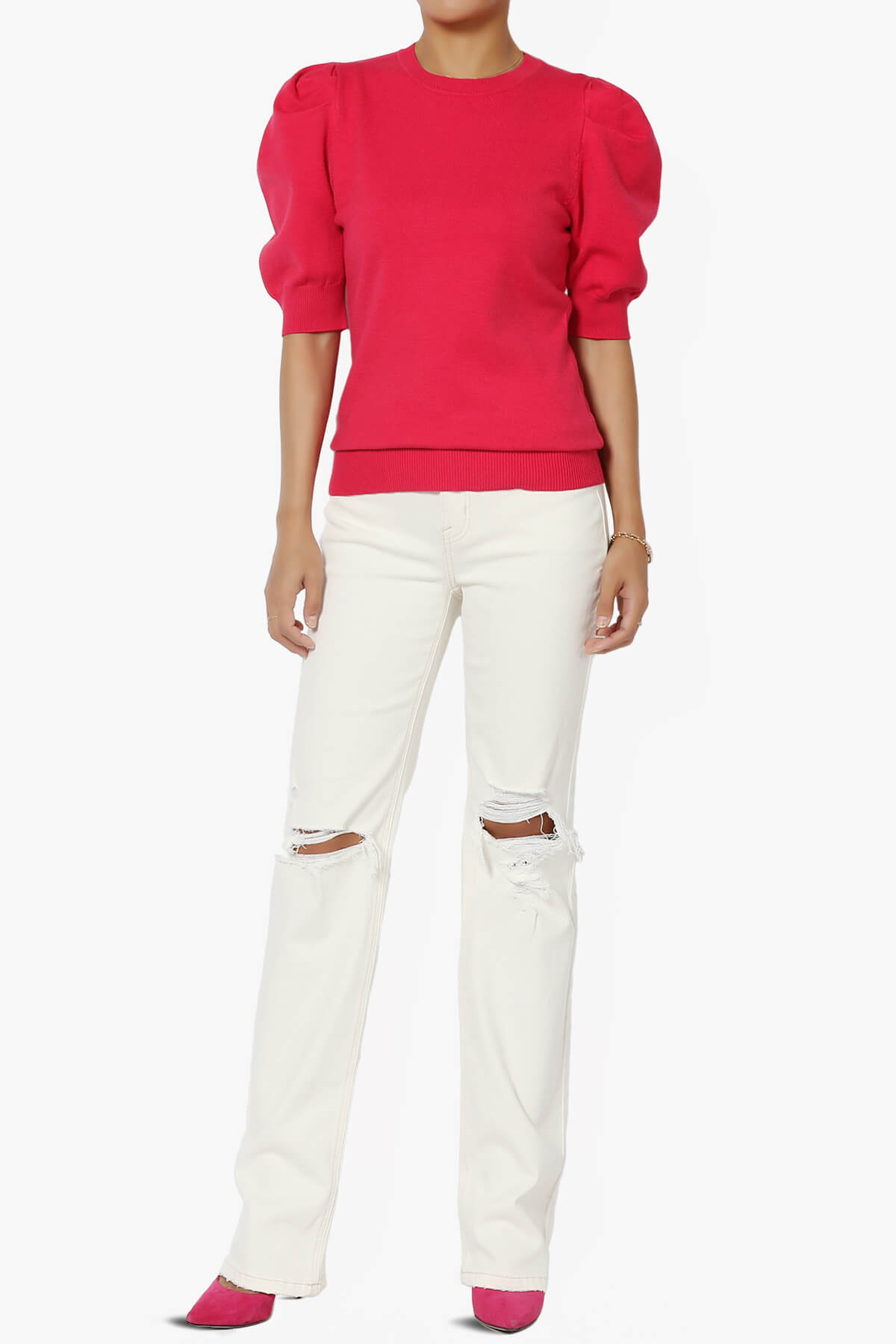 Isabella Puff Short Sleeve Knit Sweater MAGENTA_6
