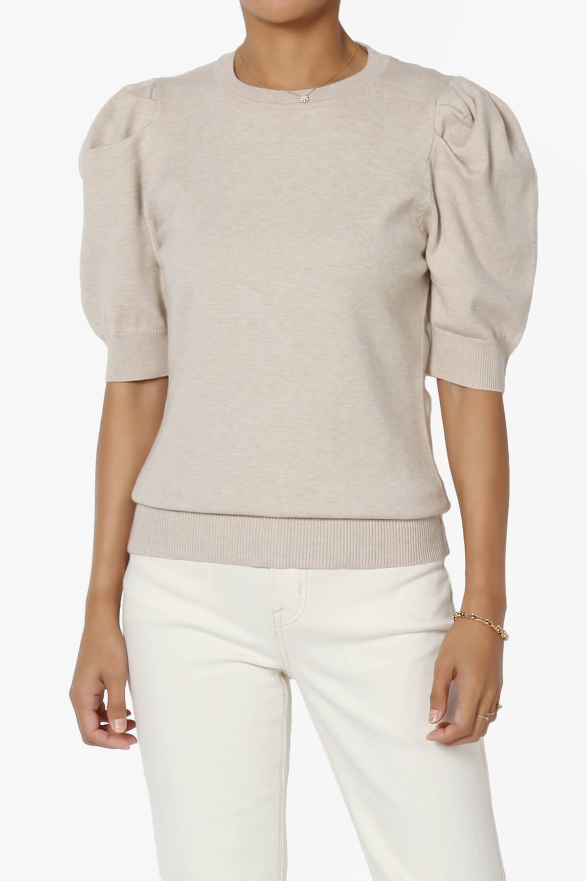 Isabella Puff Short Sleeve Knit Sweater SAND BEIGE_1