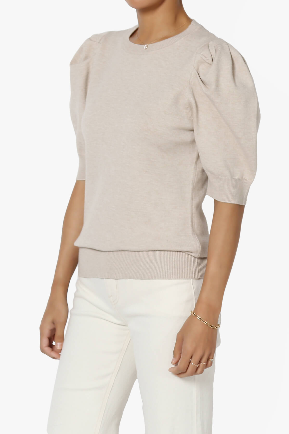 Isabella Puff Short Sleeve Knit Sweater SAND BEIGE_3