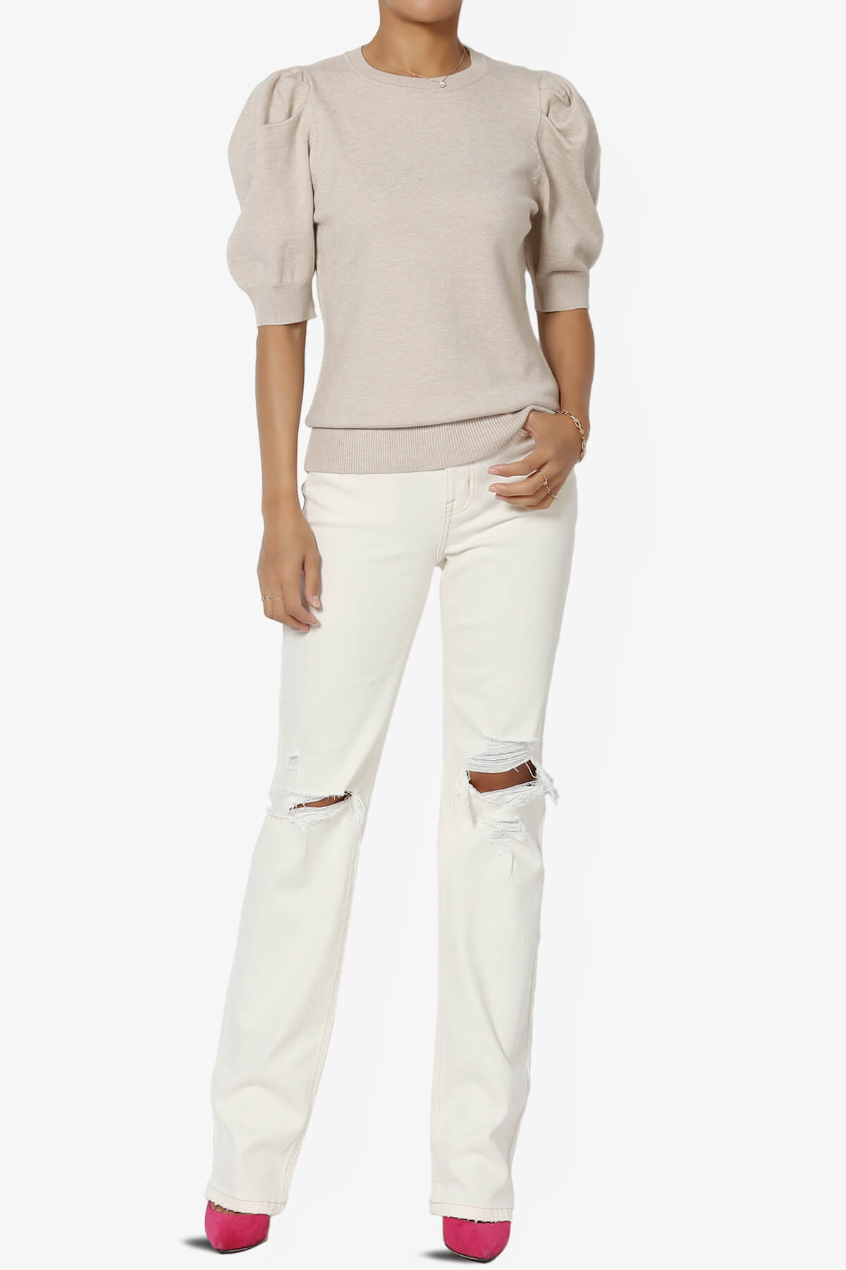 Isabella Puff Short Sleeve Knit Sweater SAND BEIGE_6