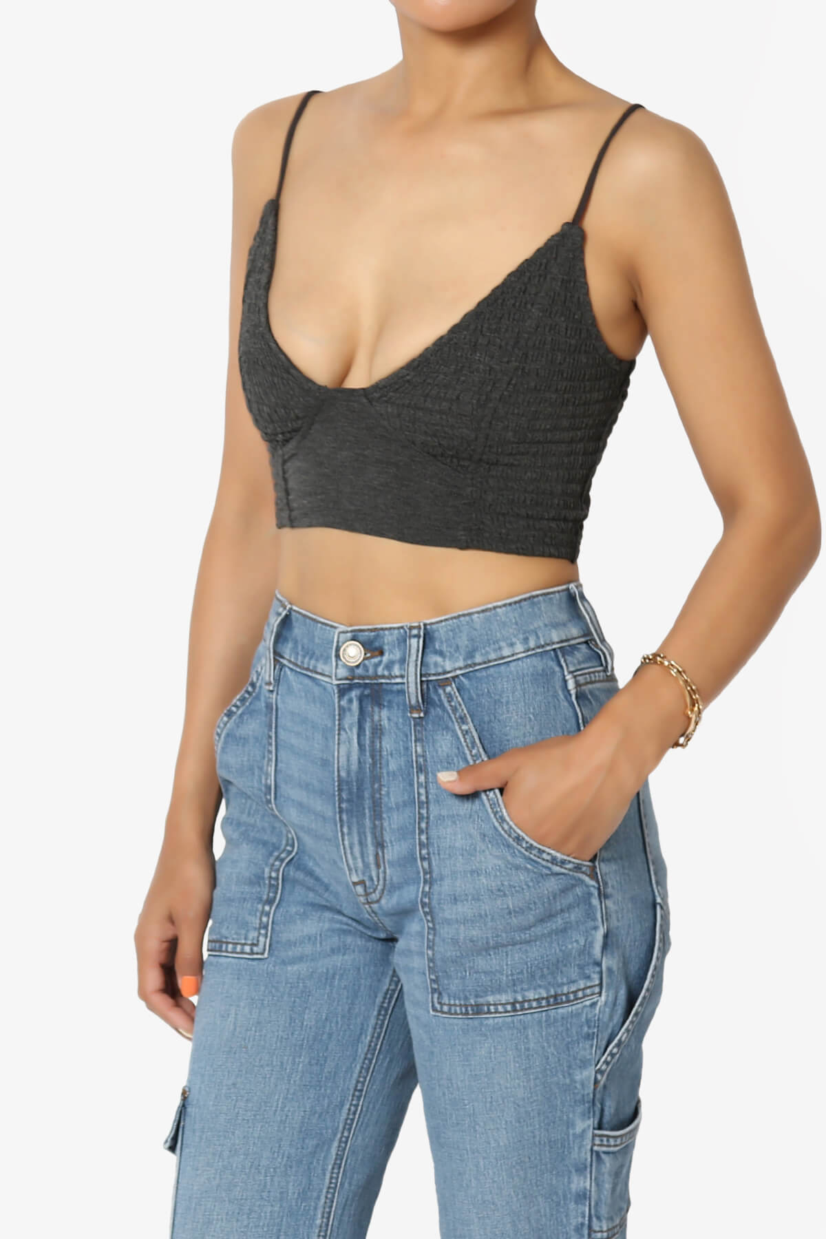Jennie Smocked Triangle Bralette CHARCOAL_3