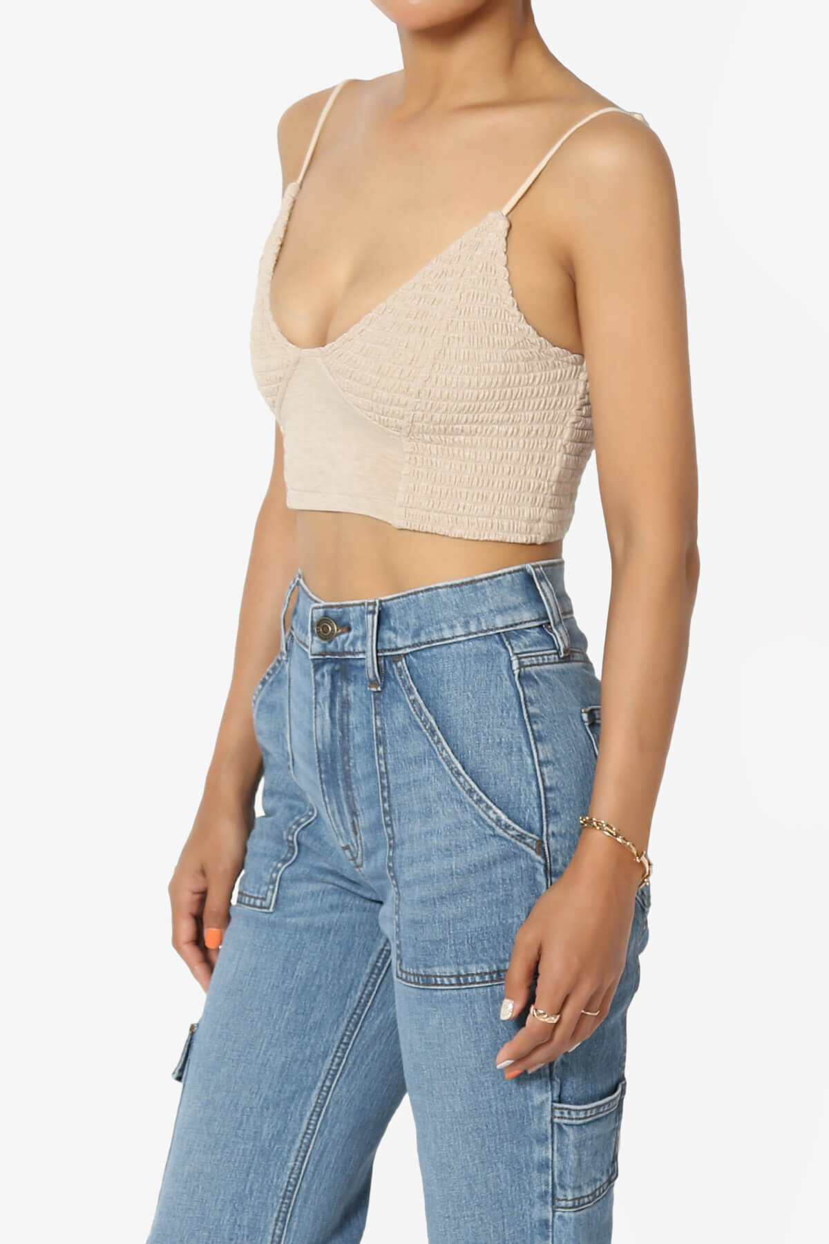 Jennie Smocked Triangle Bralette HEATHER BEIGE_3