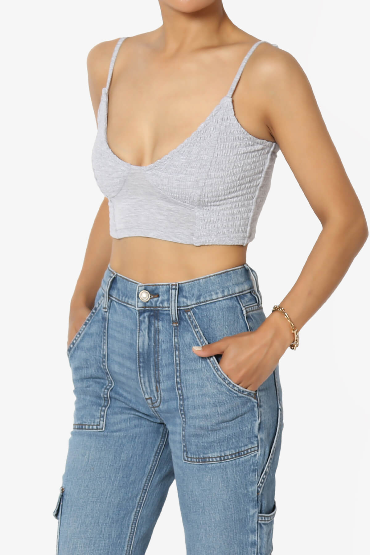 Jennie Smocked Triangle Bralette HEATHER GREY_3