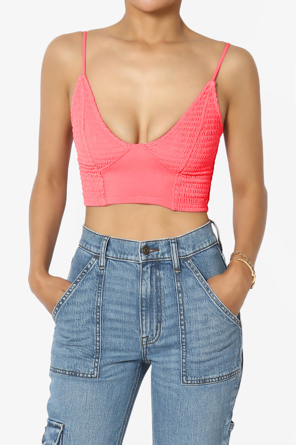 Jennie Smocked Triangle Bralette NEON CORAL PINK_1