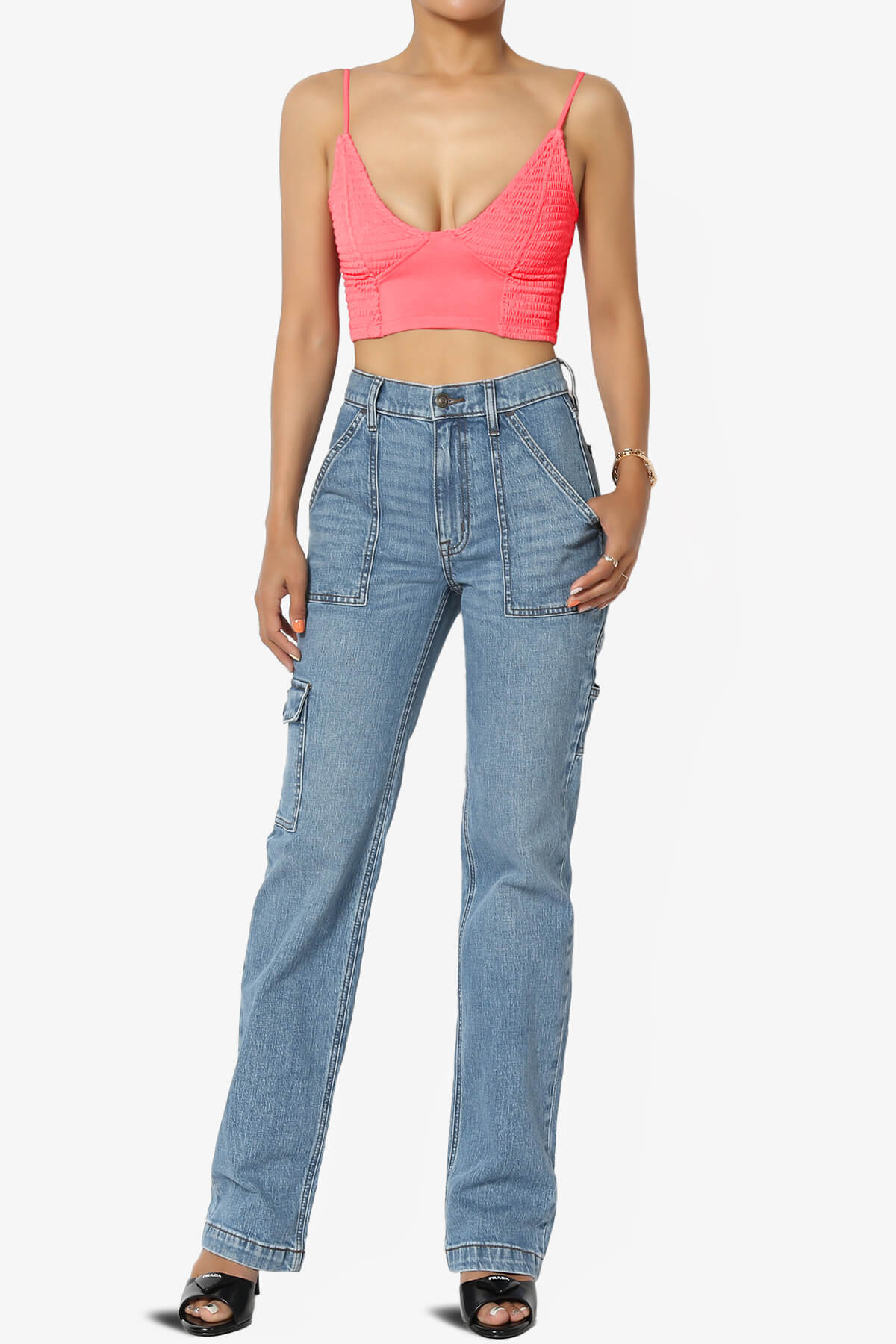 Jennie Smocked Triangle Bralette NEON CORAL PINK_6