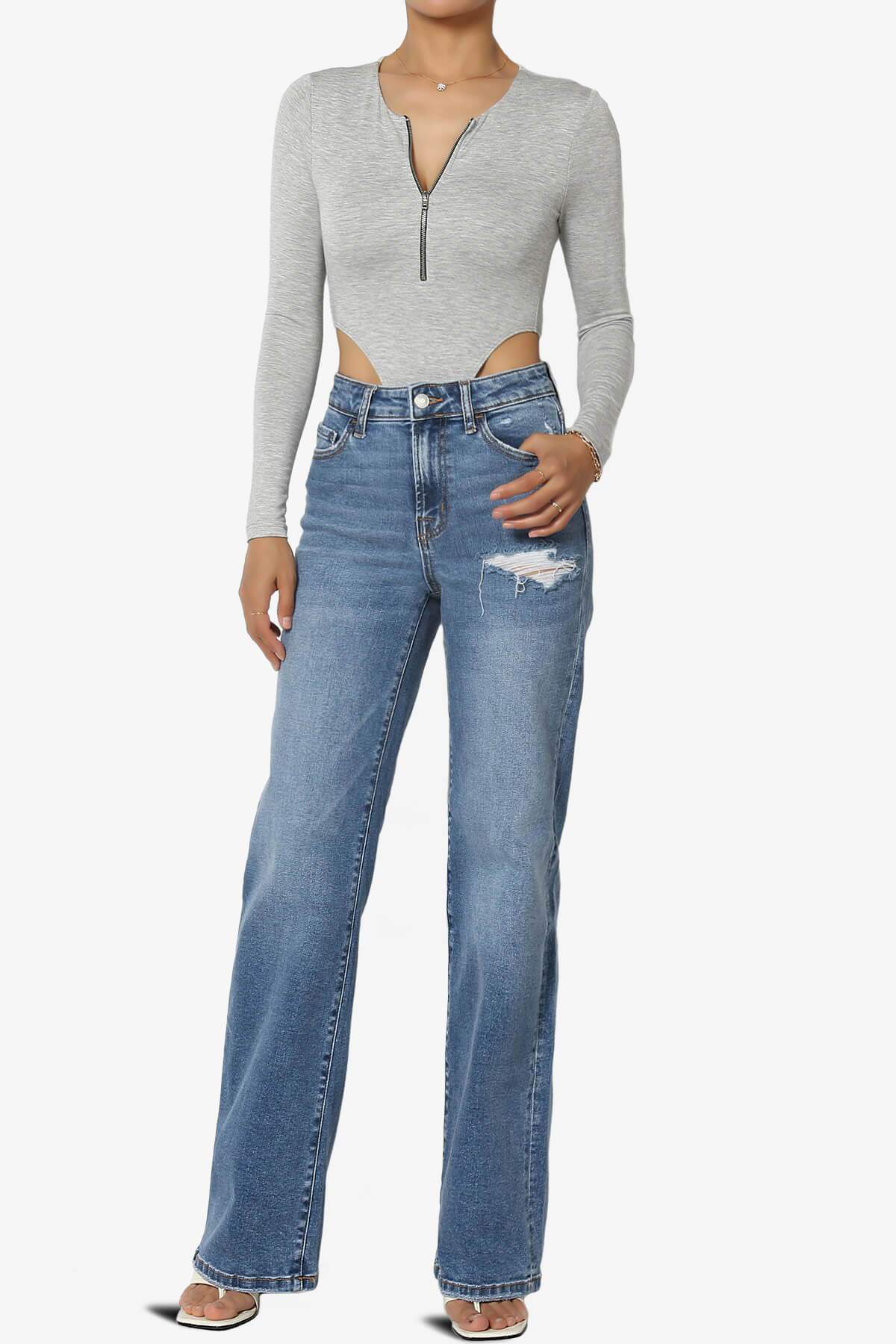 Jones Long Sleeve Zip Front High Cut Bodysuit HEATHER GREY_6