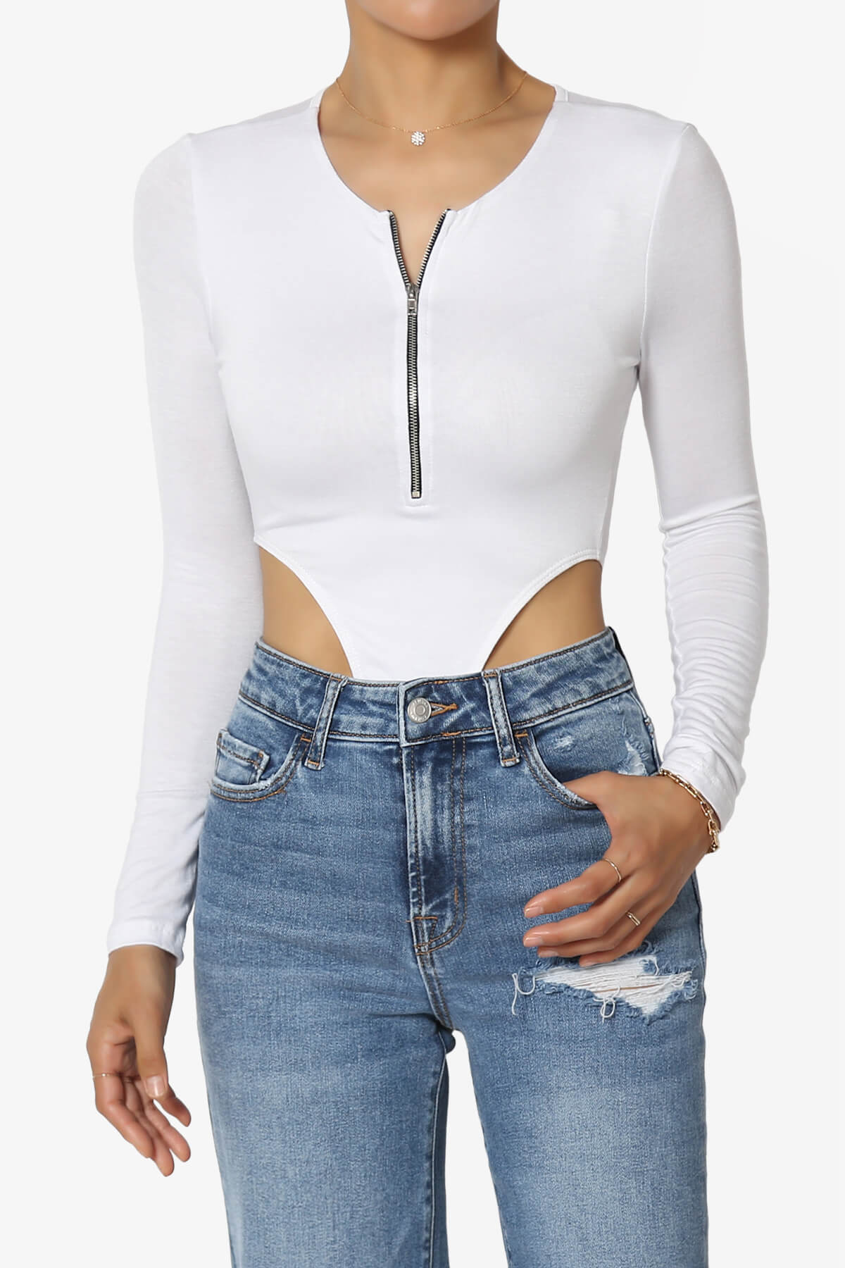 Jones Long Sleeve Zip Front High Cut Bodysuit WHITE_1