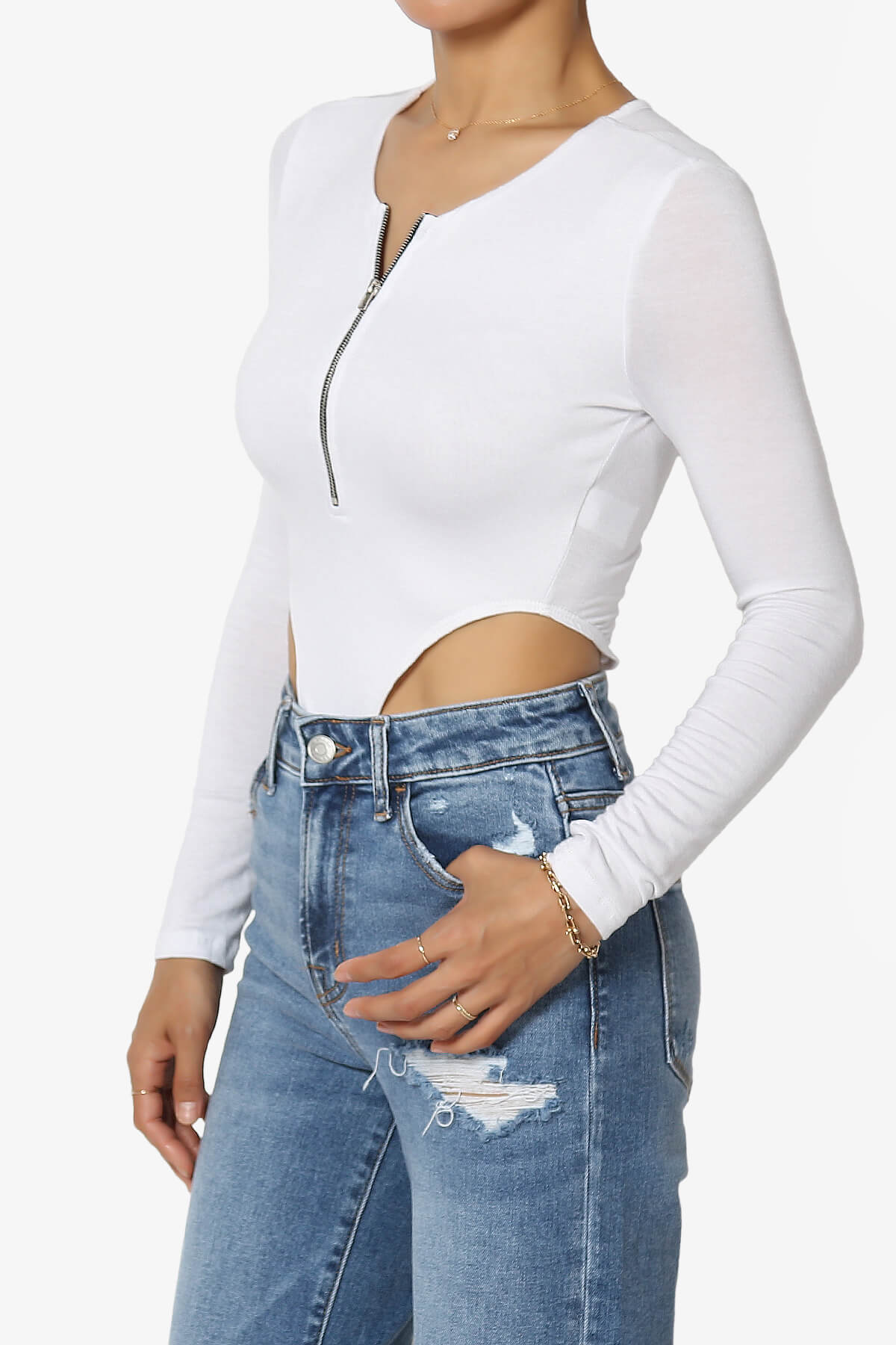 Jones Long Sleeve Zip Front High Cut Bodysuit WHITE_3