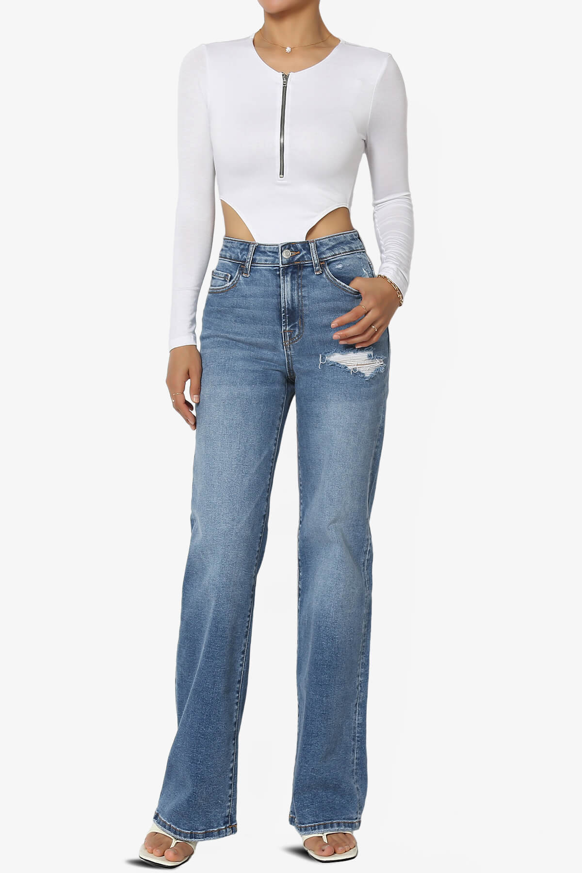 Jones Long Sleeve Zip Front High Cut Bodysuit WHITE_6