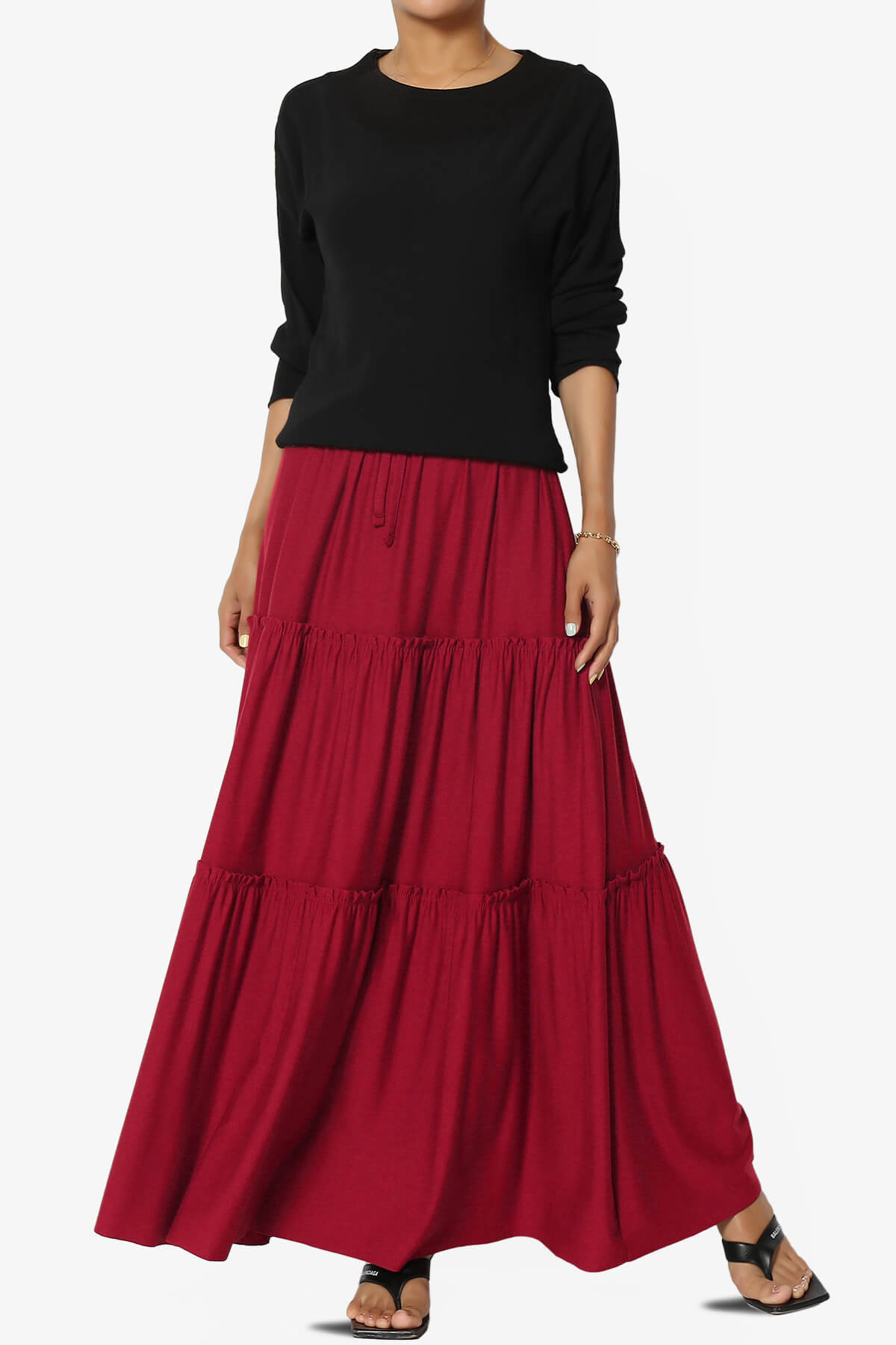 Kelton Ruffle Tiered Jersey Maxi Skirt BURGUNDY_6