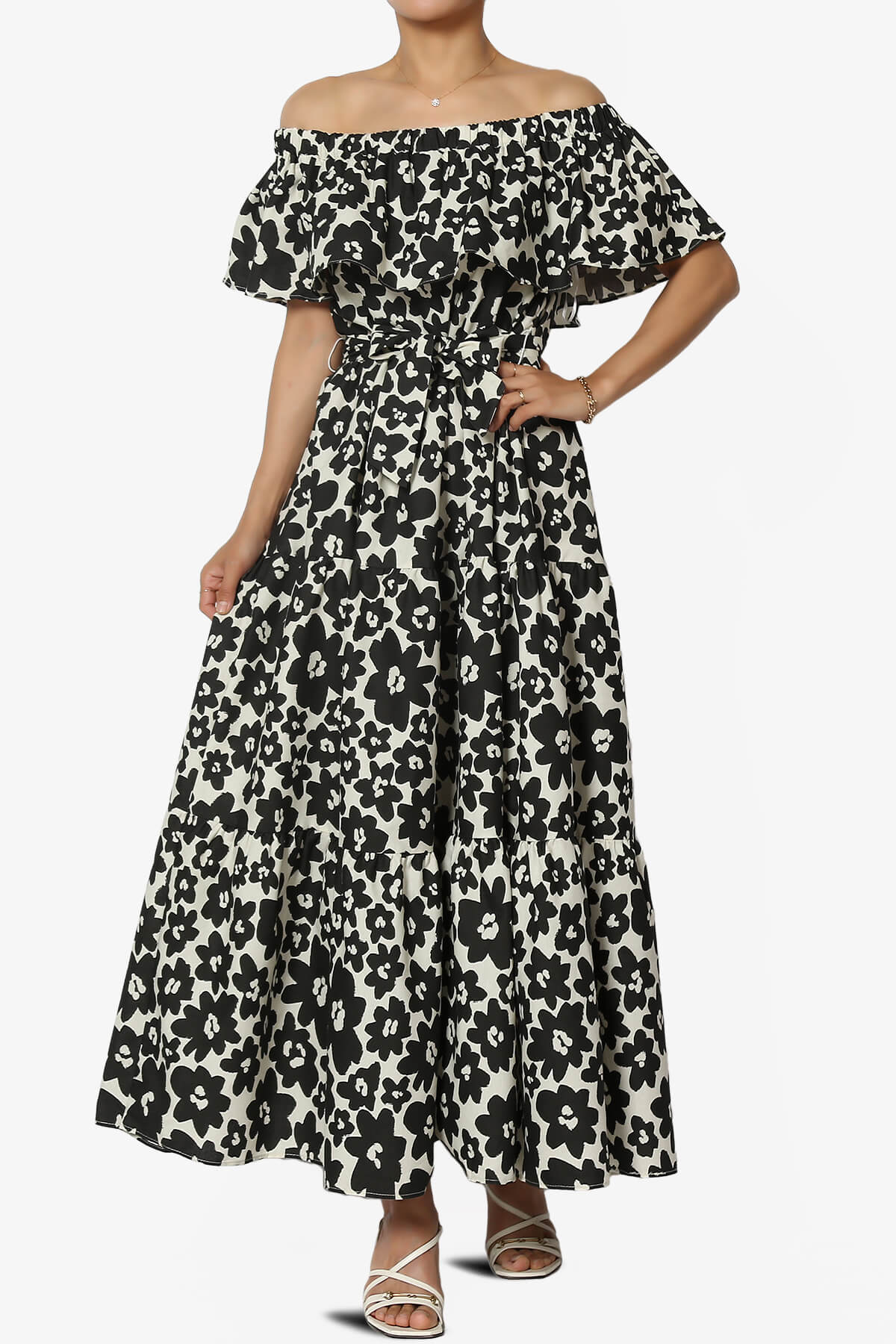 Kenny Ruffle Off Shoulder Floral Woven Long Dress ASH BLACK_1