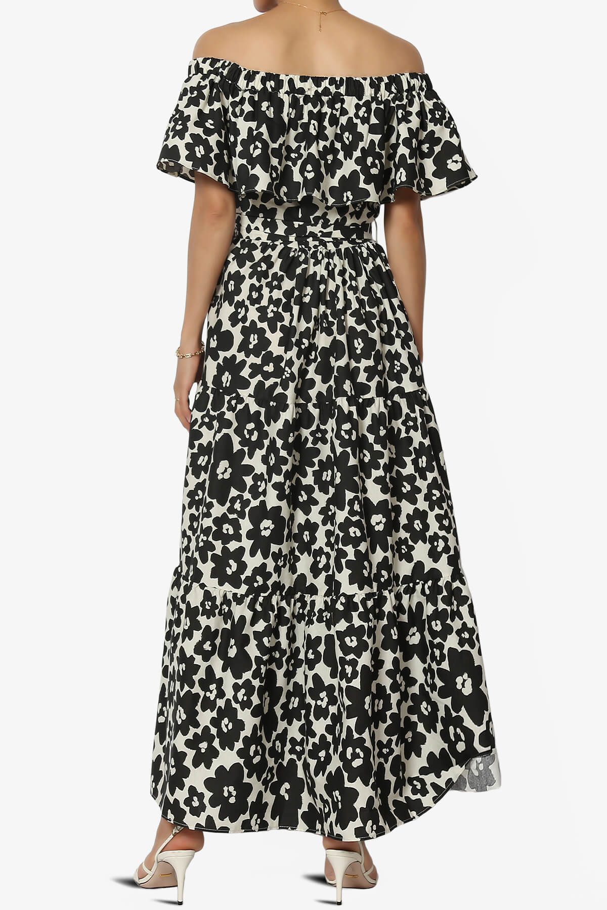 Kenny Ruffle Off Shoulder Floral Woven Long Dress ASH BLACK_2