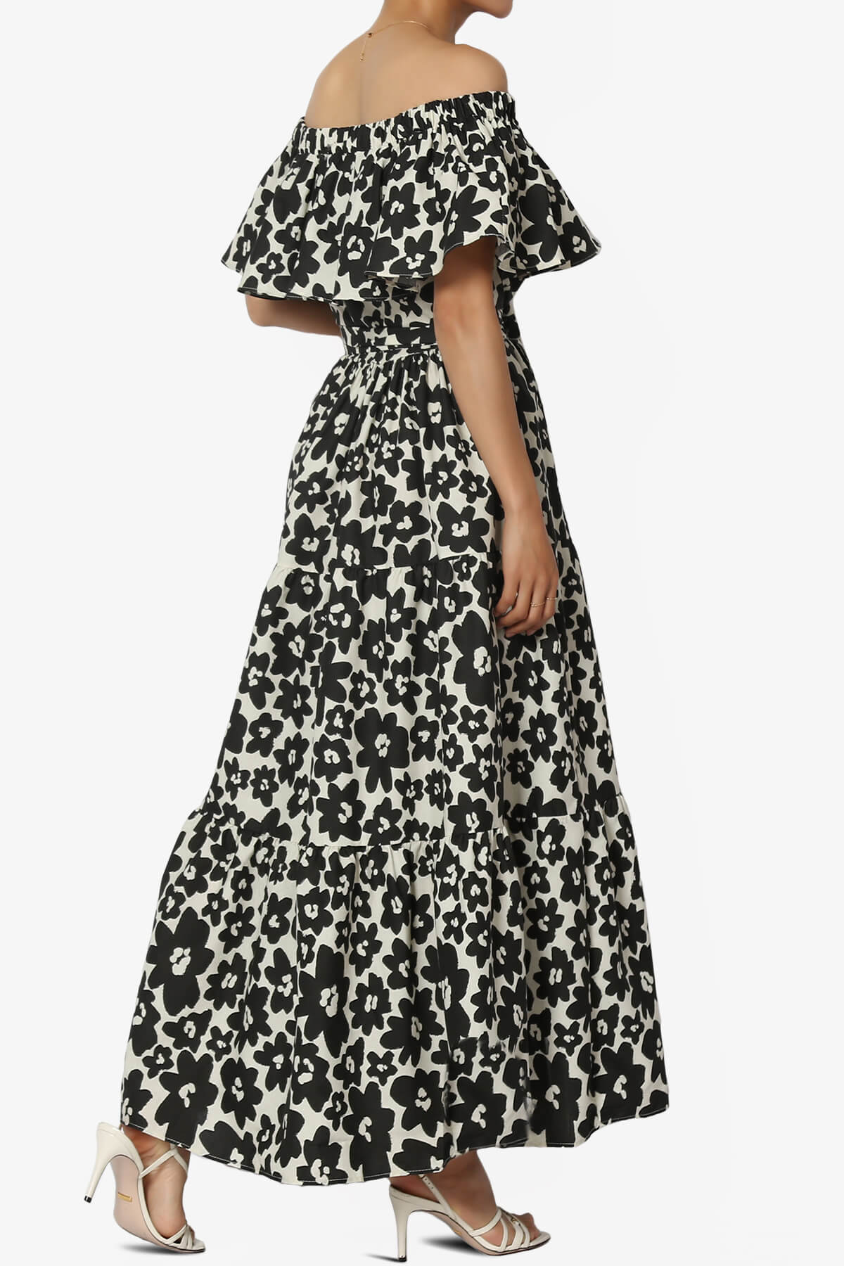 Kenny Ruffle Off Shoulder Floral Woven Long Dress ASH BLACK_4