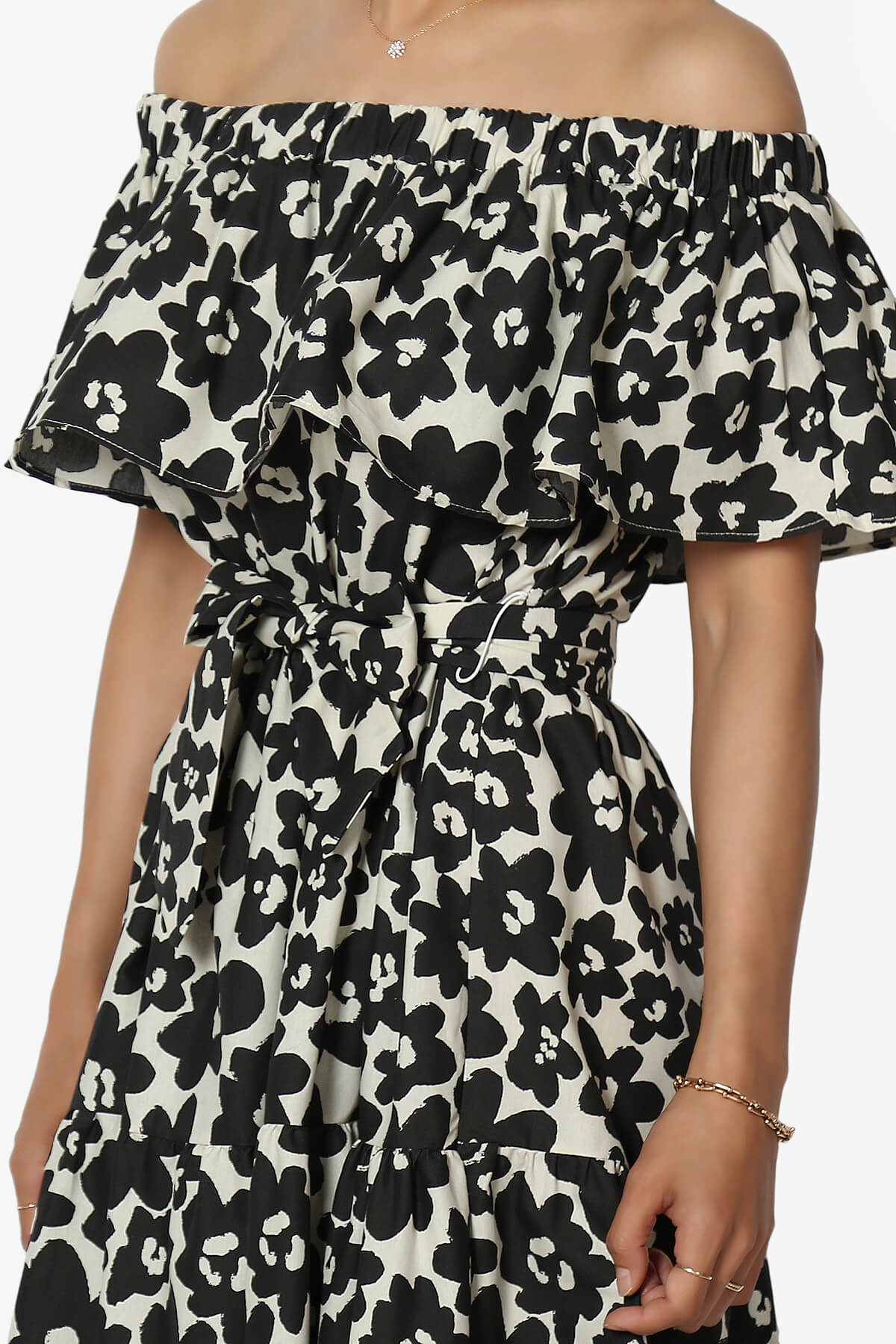 Kenny Ruffle Off Shoulder Floral Woven Long Dress ASH BLACK_5