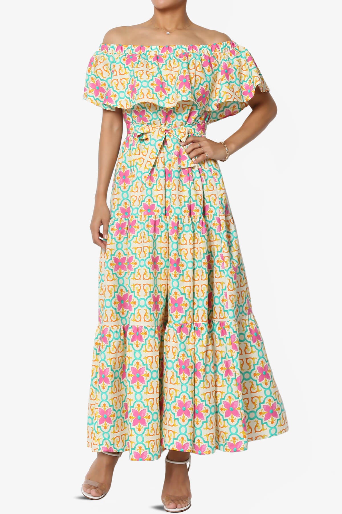 Kenny Ruffle Off Shoulder Floral Woven Long Dress BEIGE_1