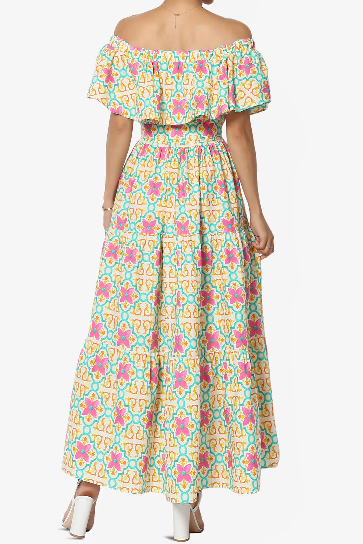 Kenny Ruffle Off Shoulder Floral Woven Long Dress BEIGE_2