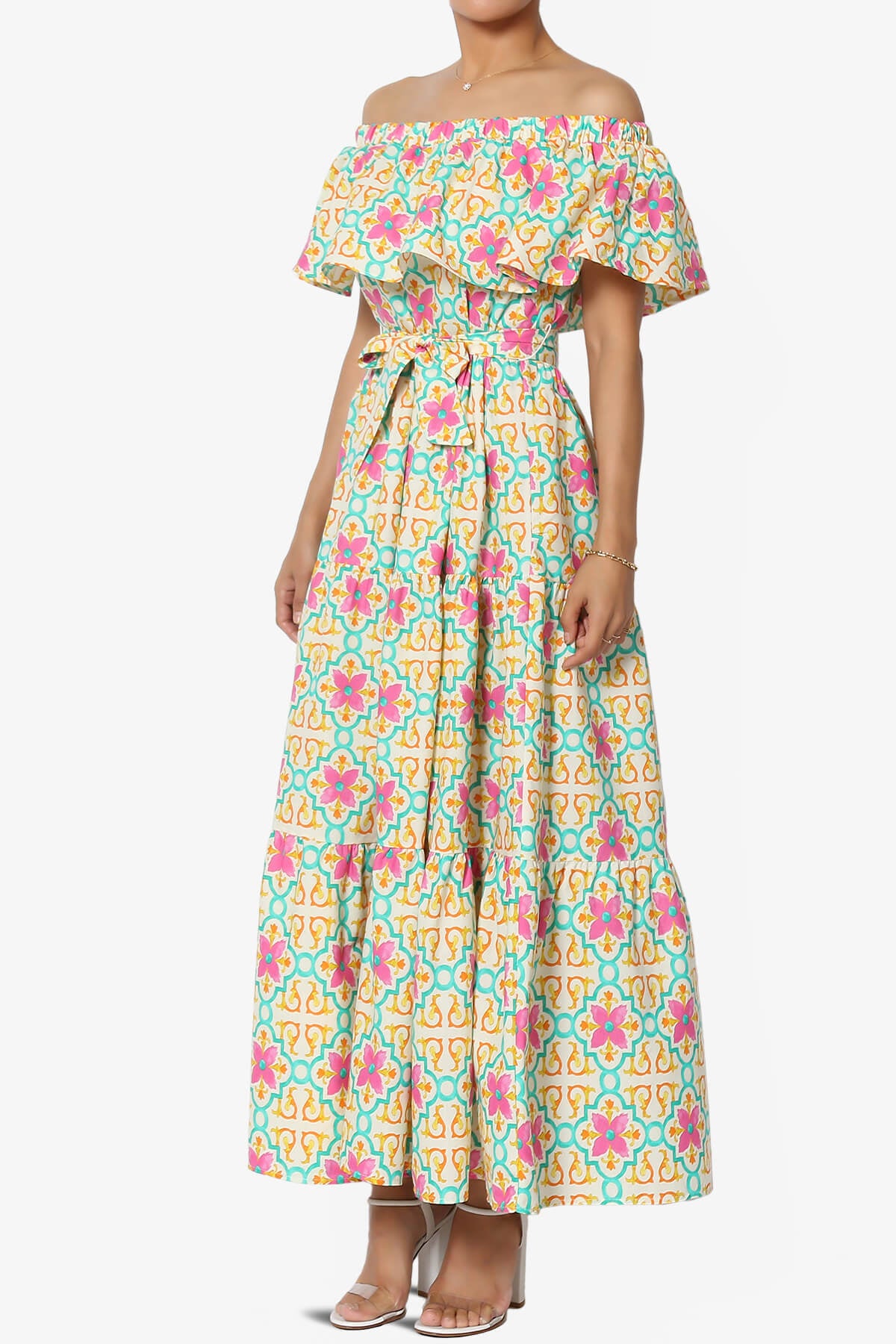 Kenny Ruffle Off Shoulder Floral Woven Long Dress BEIGE_3