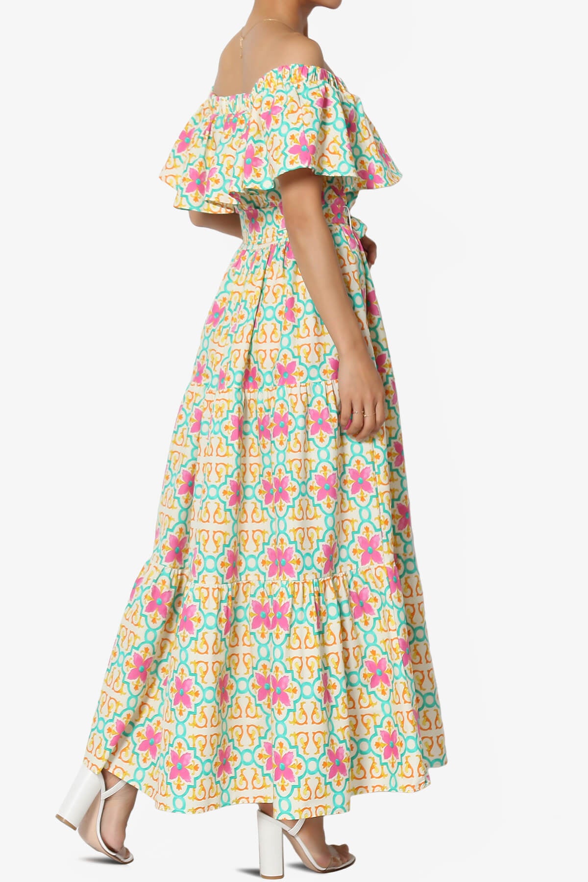 Kenny Ruffle Off Shoulder Floral Woven Long Dress BEIGE_4