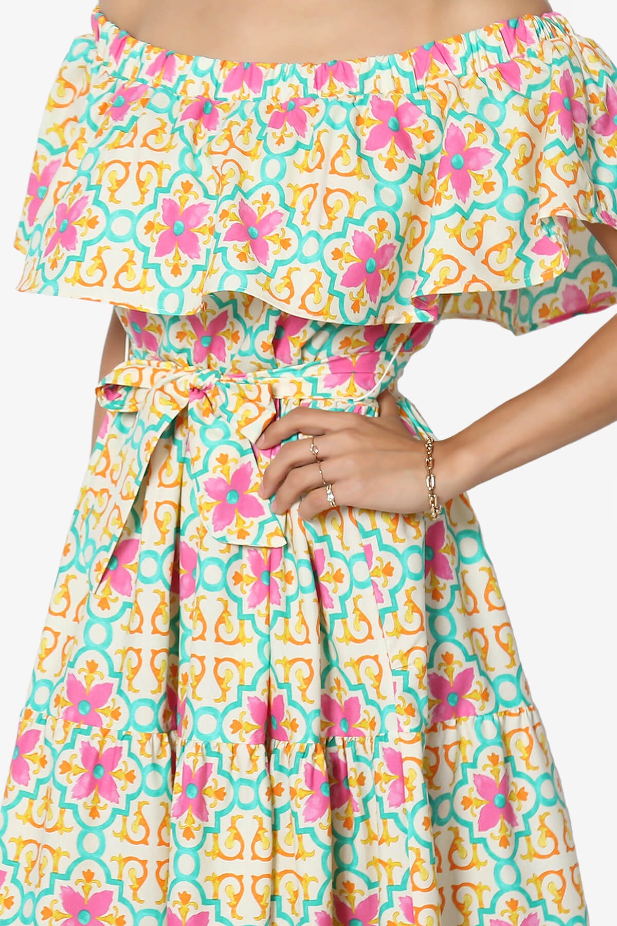 Kenny Ruffle Off Shoulder Floral Woven Long Dress BEIGE_5