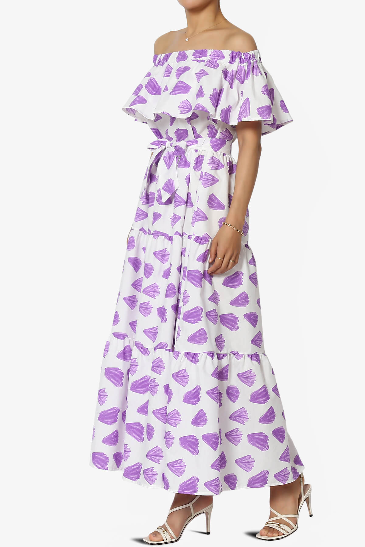 Kenny Ruffle Off Shoulder Floral Woven Long Dress BRIGHT LAVENDER_3