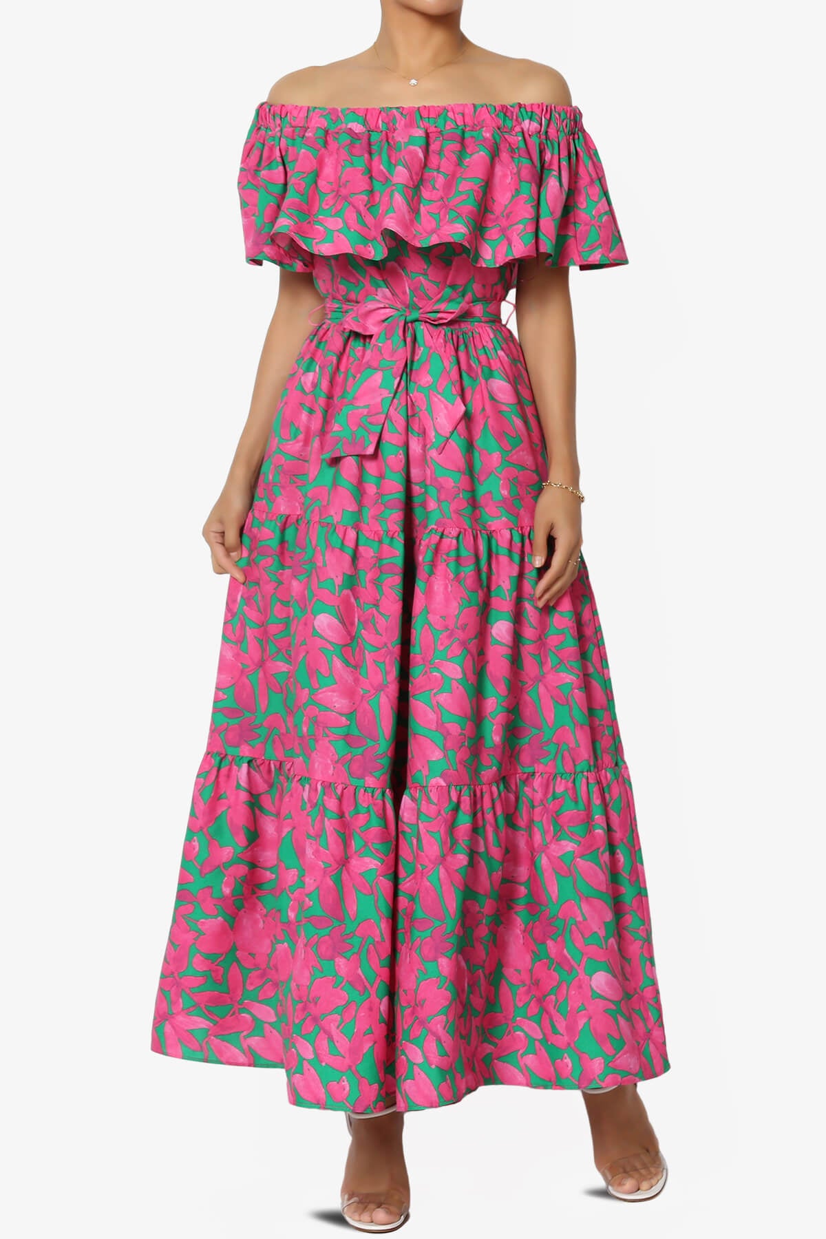 Kenny Ruffle Off Shoulder Floral Woven Long Dress HOT PINK_1
