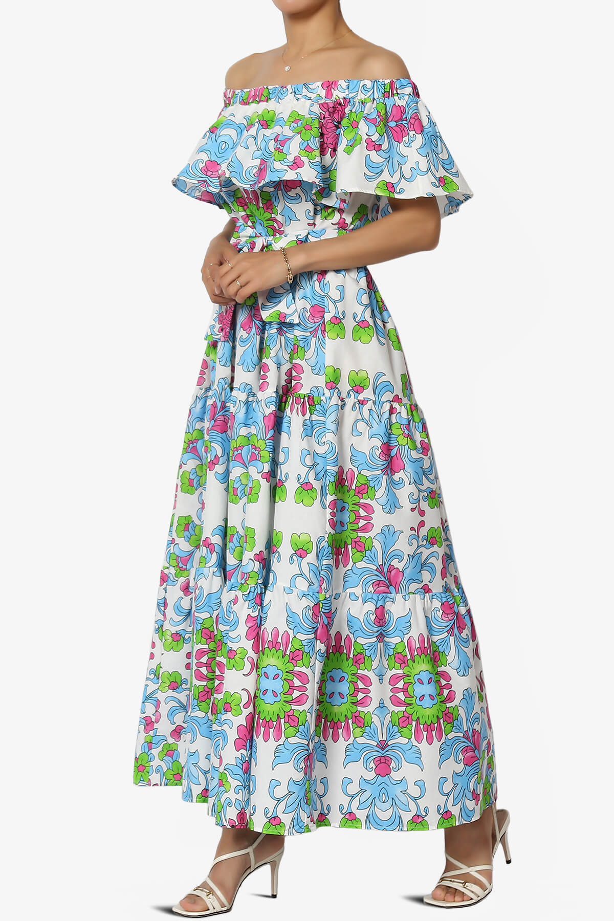 Kenny Ruffle Off Shoulder Floral Woven Long Dress LIGHT BLUE_3