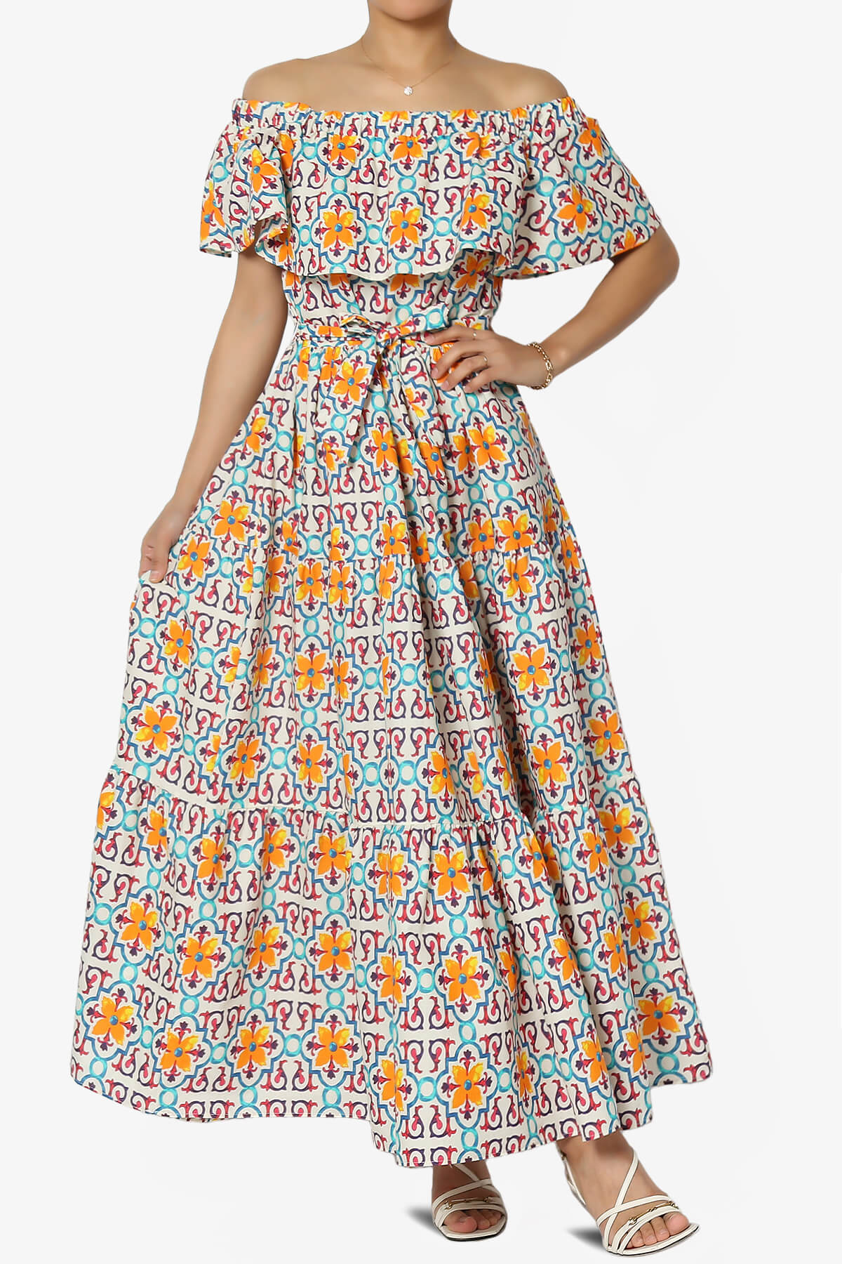 Kenny Ruffle Off Shoulder Floral Woven Long Dress MULTI COLOR_1