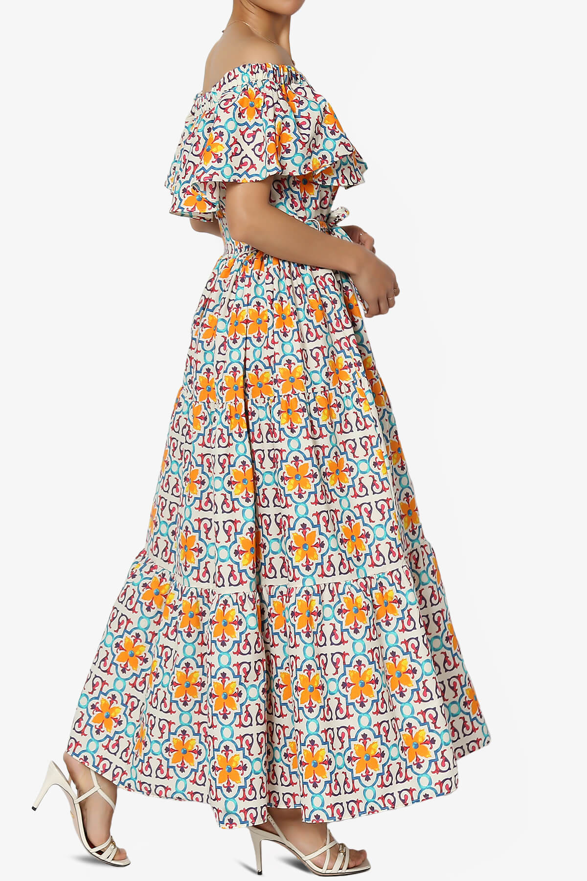 Kenny Ruffle Off Shoulder Floral Woven Long Dress MULTI COLOR_4