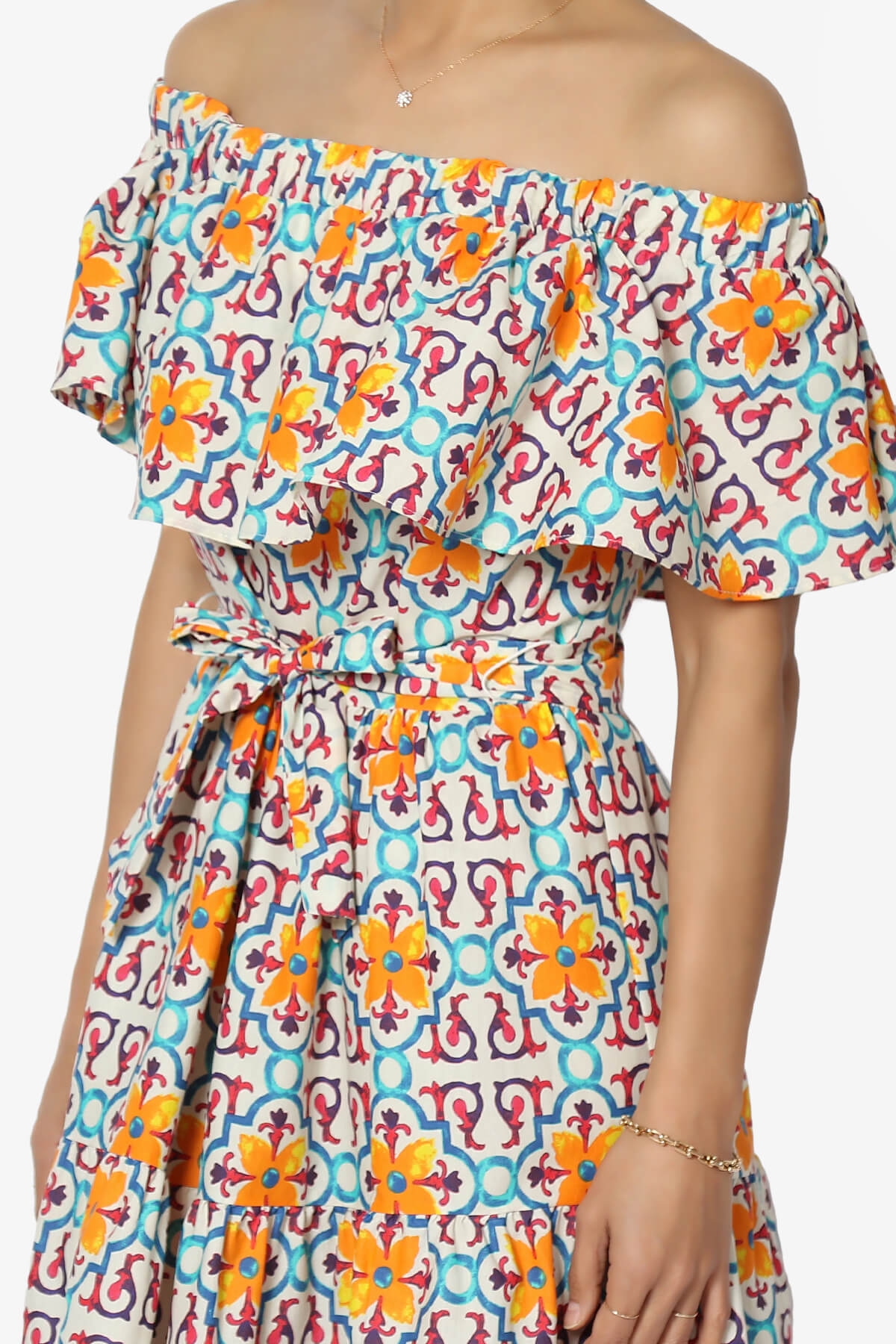 Kenny Ruffle Off Shoulder Floral Woven Long Dress MULTI COLOR_5