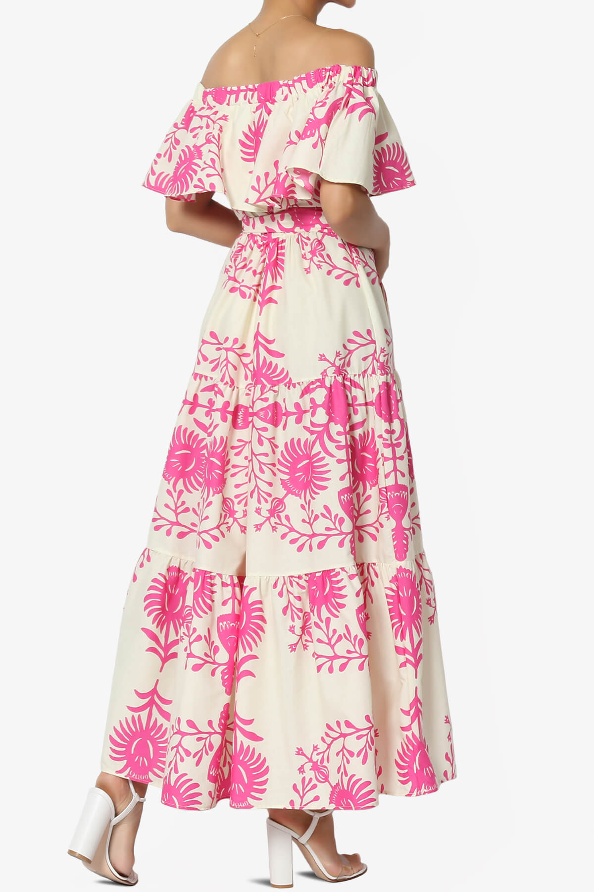 Kenny Ruffle Off Shoulder Floral Woven Long Dress PINK_4