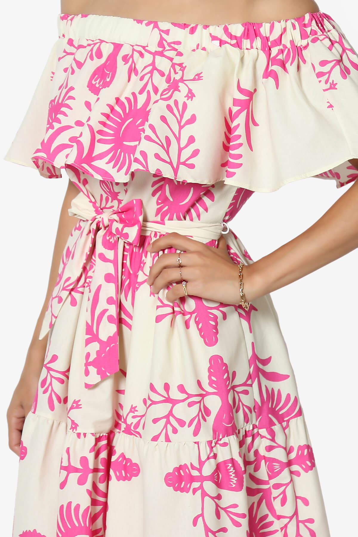 Kenny Ruffle Off Shoulder Floral Woven Long Dress PINK_5