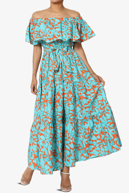 Kenny Ruffle Off Shoulder Floral Woven Long Dress in Turquoise