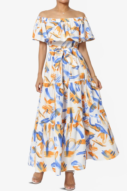 Kenny Ruffle Off Shoulder Printed Woven Long Dress in Blue