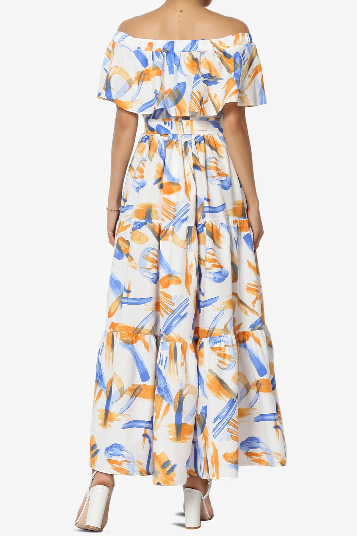 Kenny Ruffle Off Shoulder Printed Woven Long Dress BLUE_2